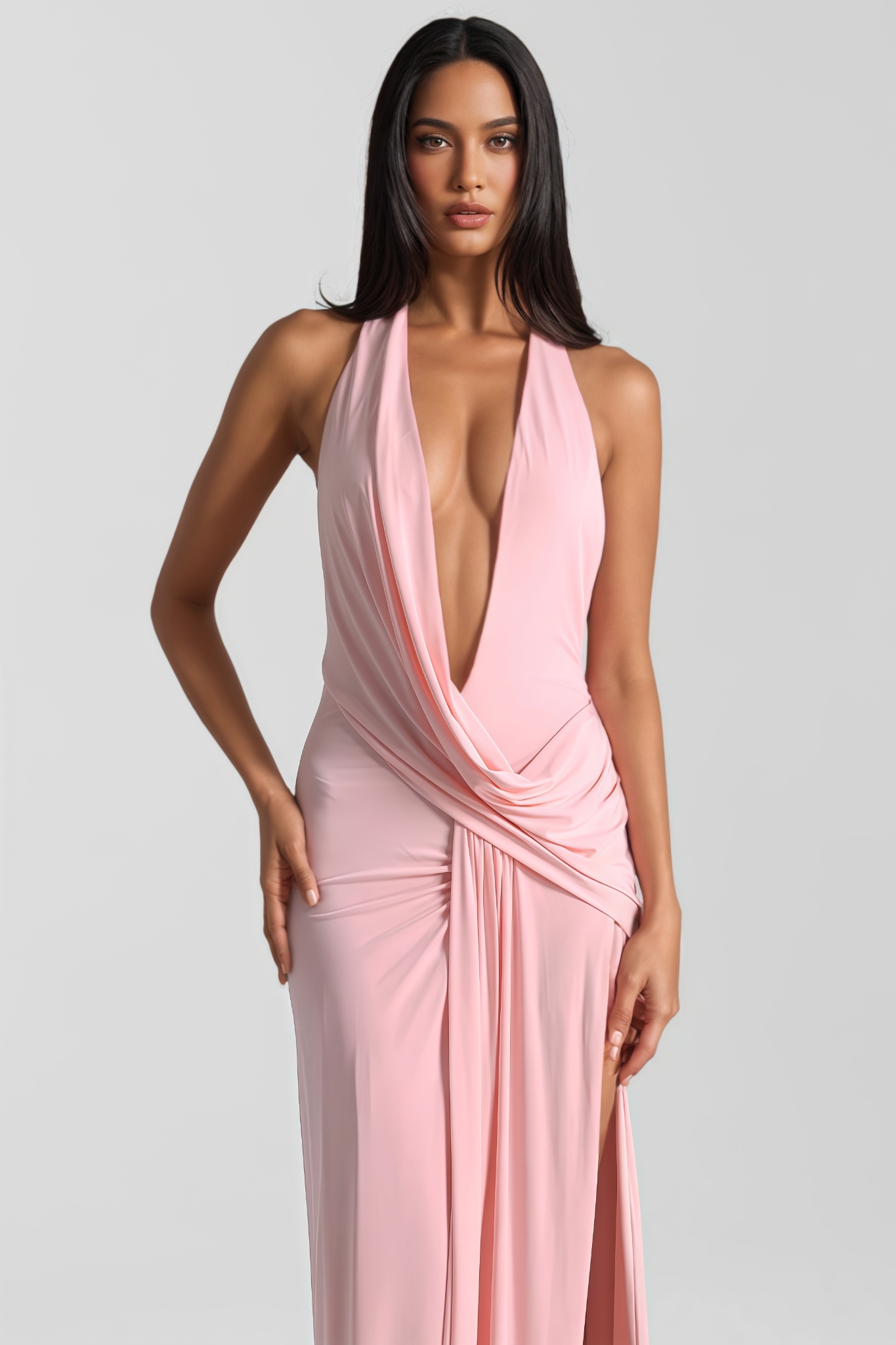 Javde Pink Pleated Backless Slit Maxi Dress