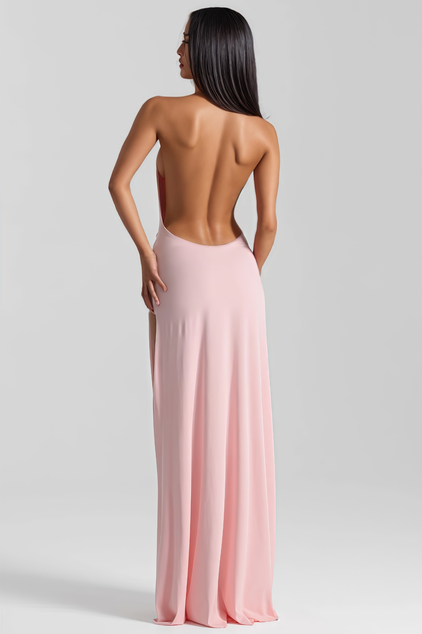 Javde Pink Pleated Backless Slit Maxi Dress