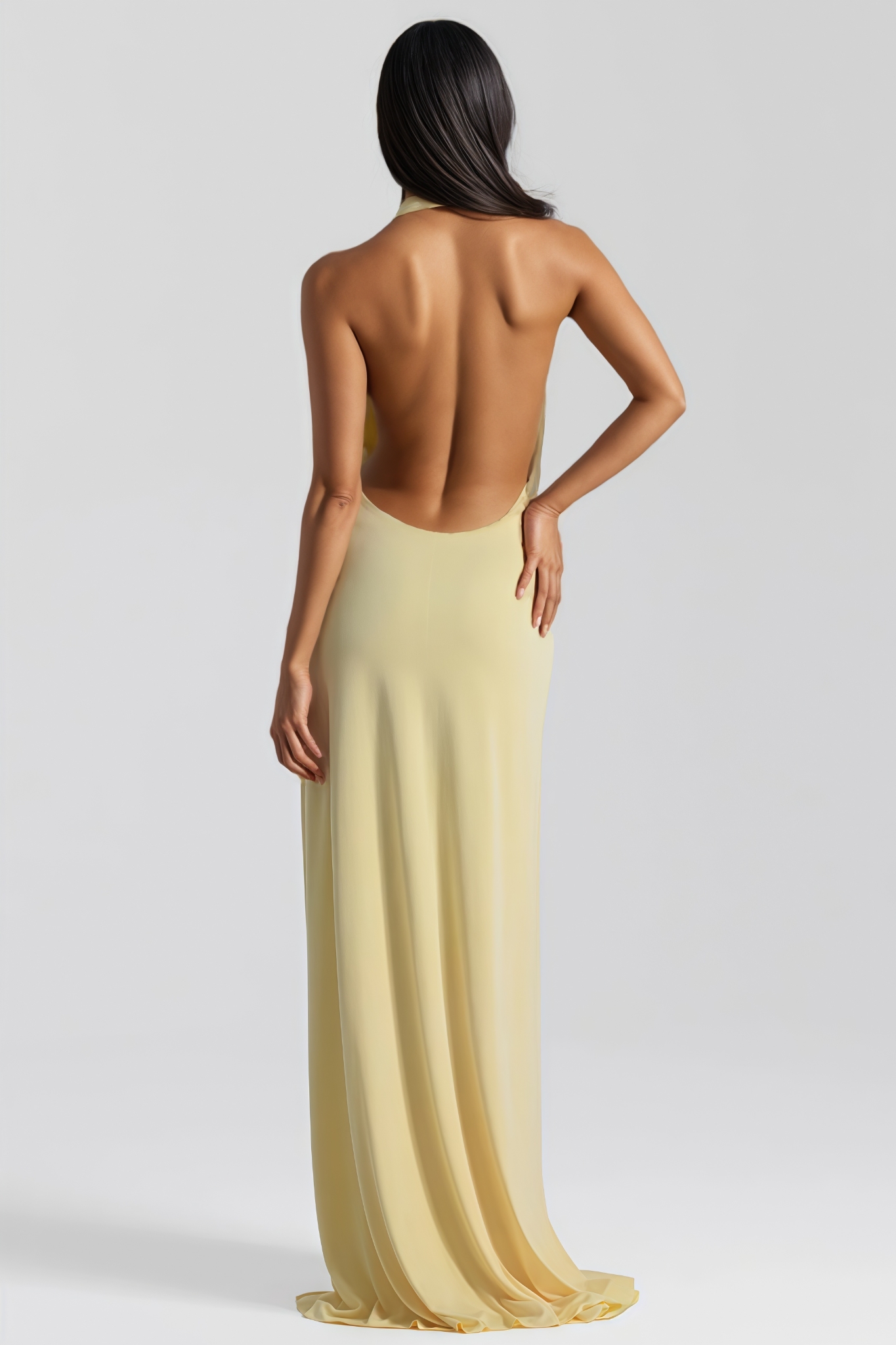 Arilya Yellow Pleated Backless Slit Maxi Dress