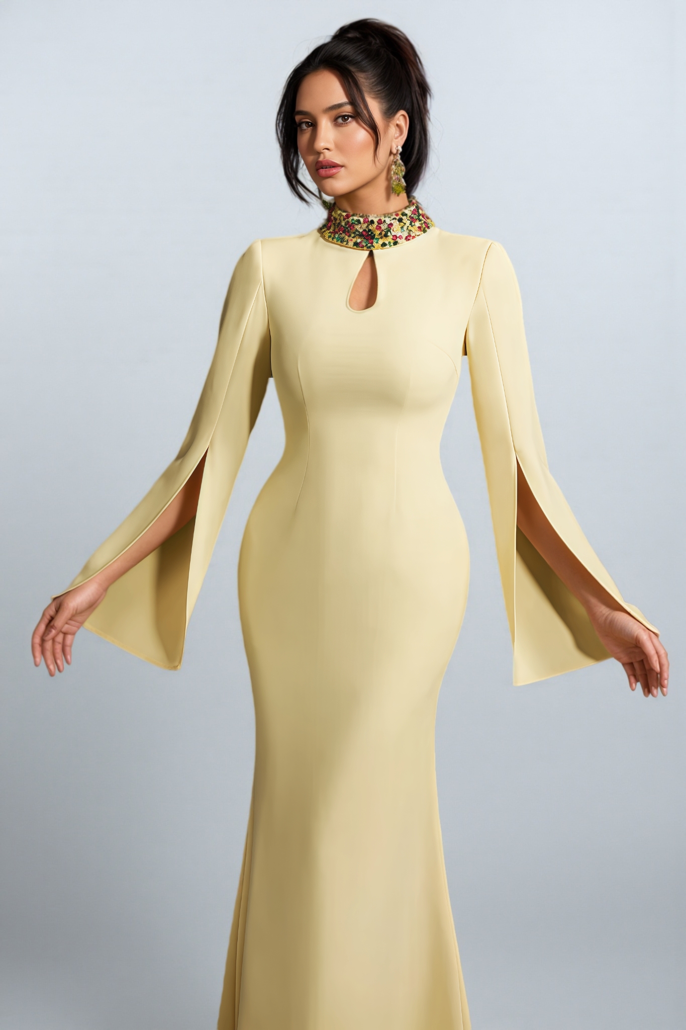 Linned Yellow Cape Sleeve Cutout Maxi Dress