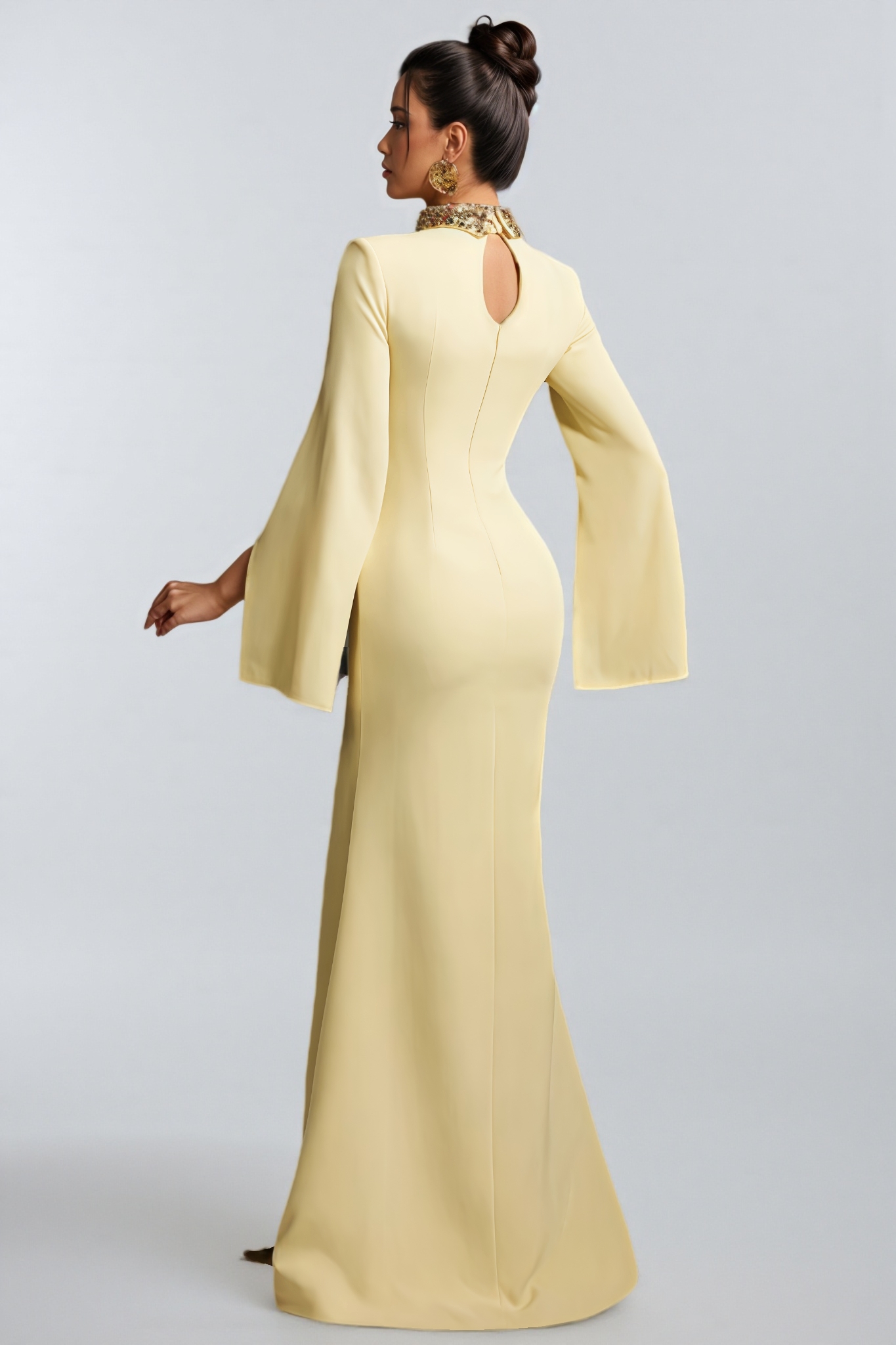 Linned Yellow Cape Sleeve Cutout Maxi Dress