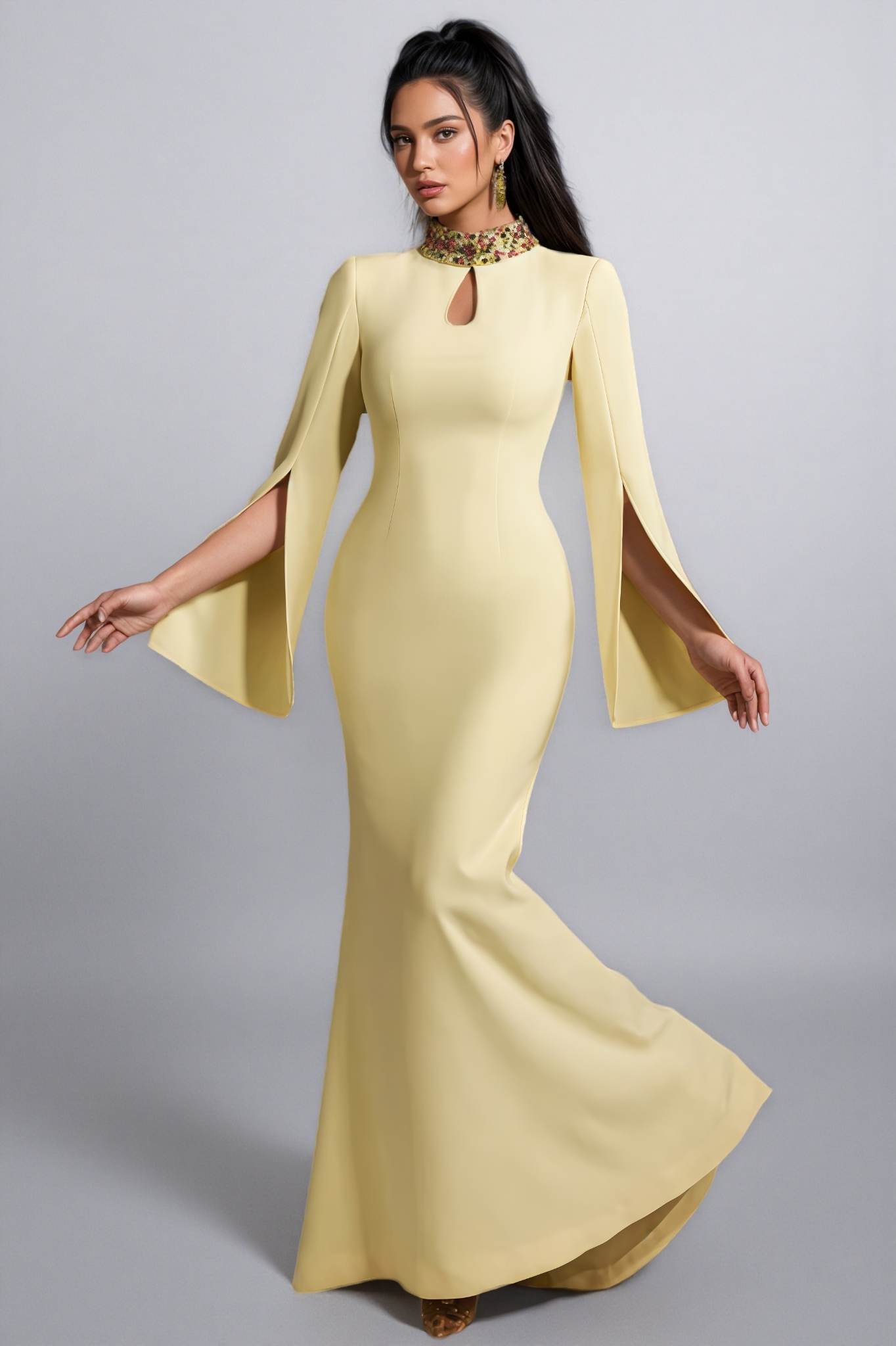 Linned Yellow Cape Sleeve Cutout Maxi Dress