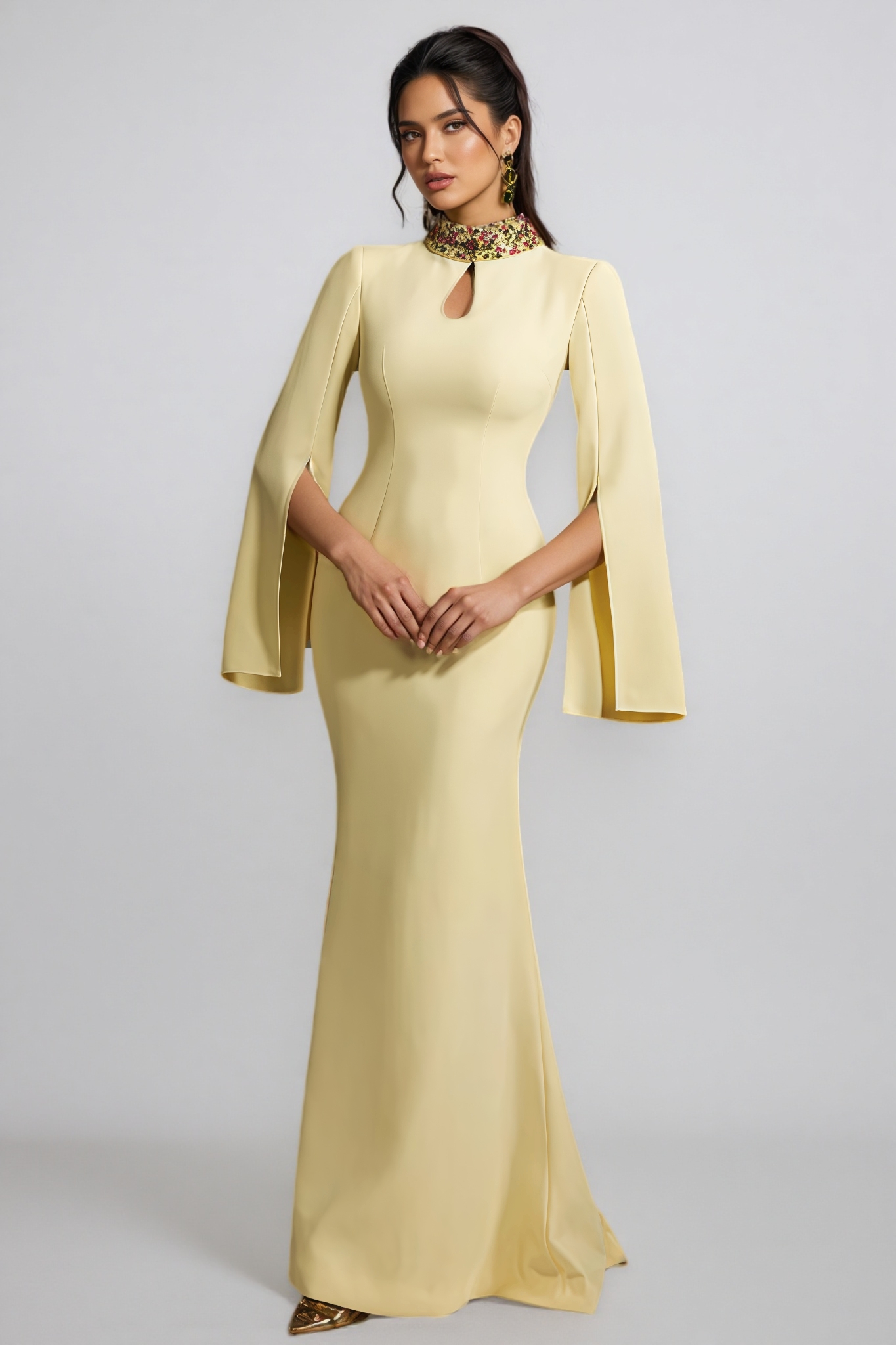 Linned Yellow Cape Sleeve Cutout Maxi Dress