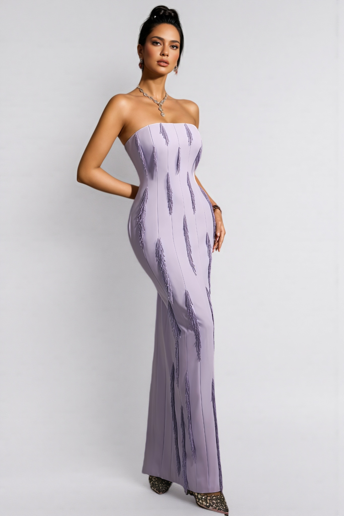 Liorald Strapless Beaded Fringe Maxi Dress