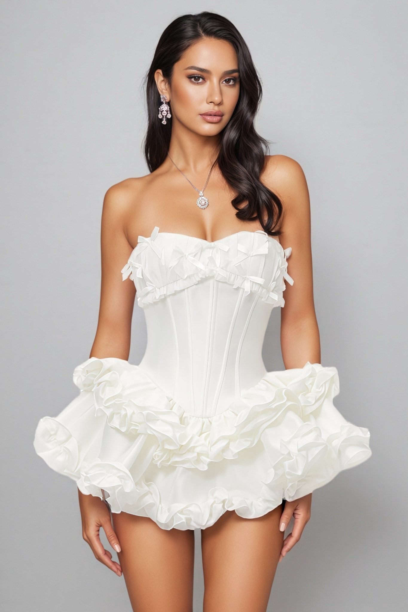 Vavori White Strapless Ruffled Mini Dress