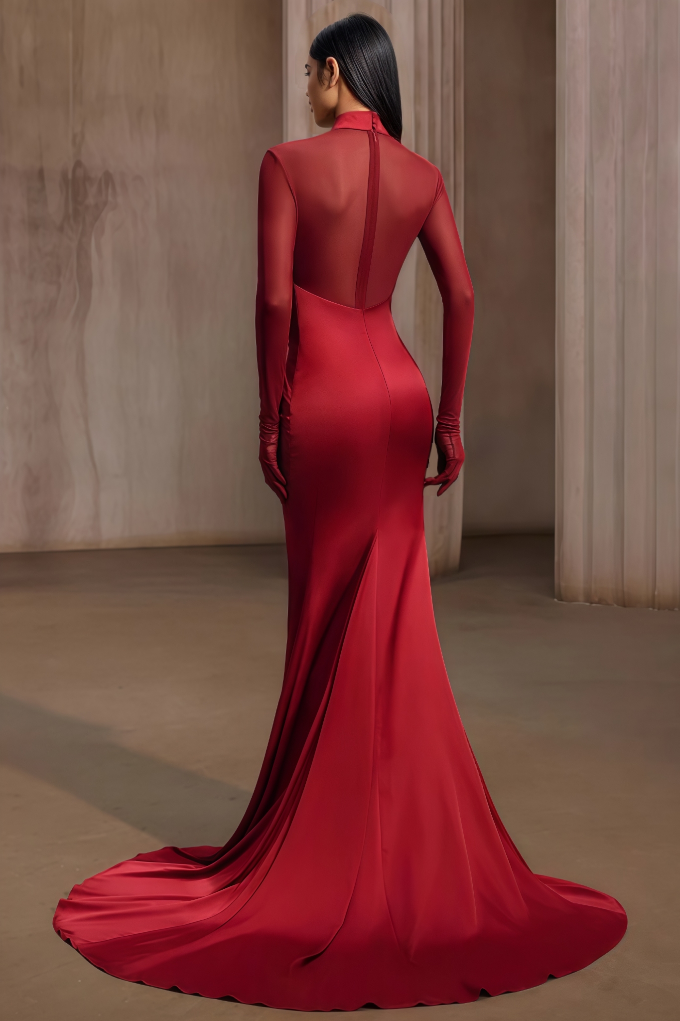 Byricx Red Satin Mesh Mermaid Maxi Dress