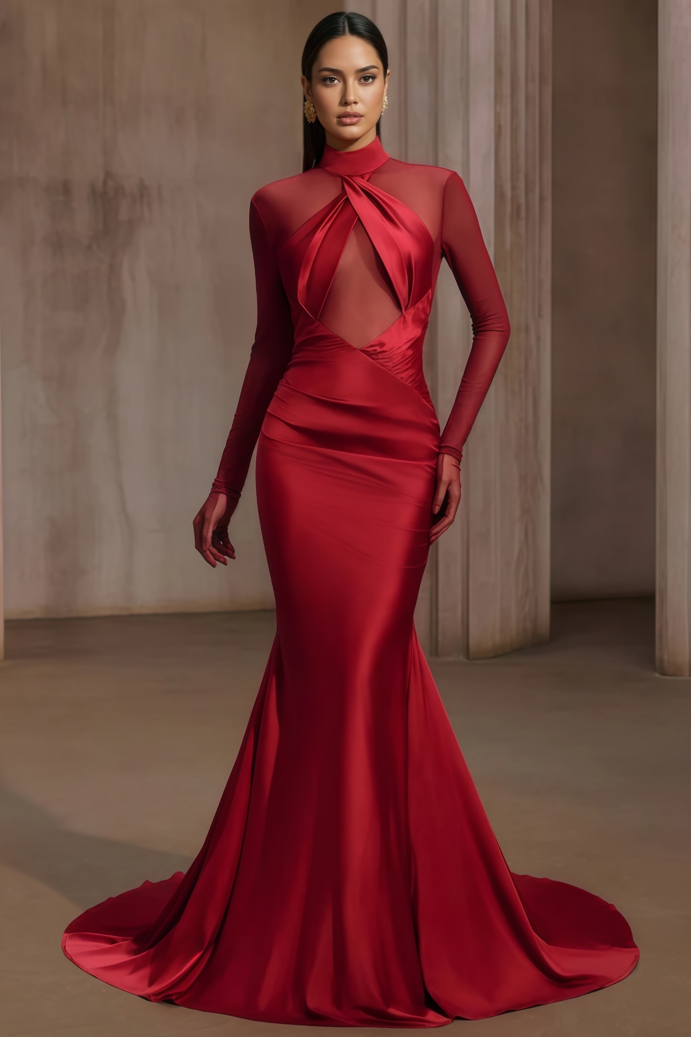 Byricx Red Satin Mesh Mermaid Maxi Dress