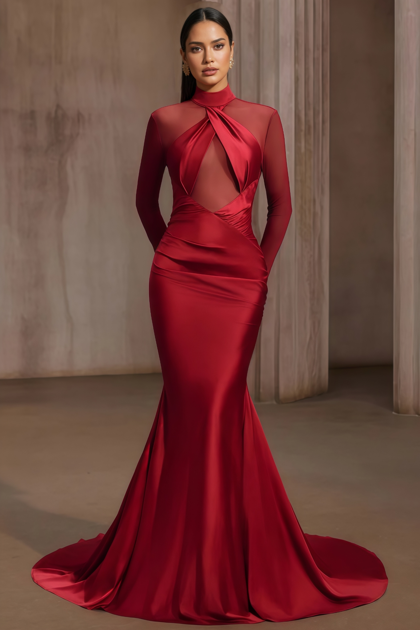 Byricx Red Satin Mesh Mermaid Maxi Dress