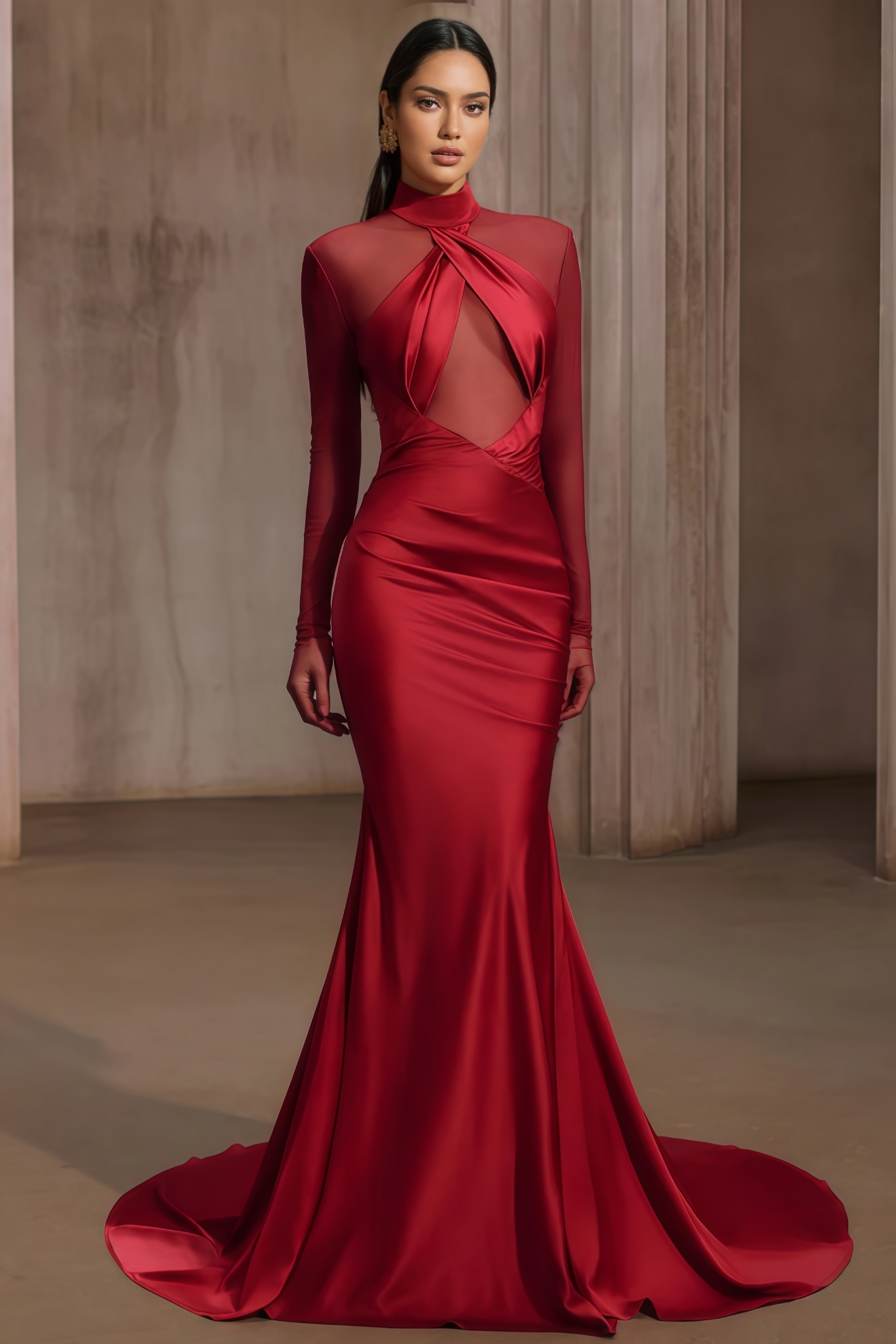 Byricx Red Satin Mesh Mermaid Maxi Dress