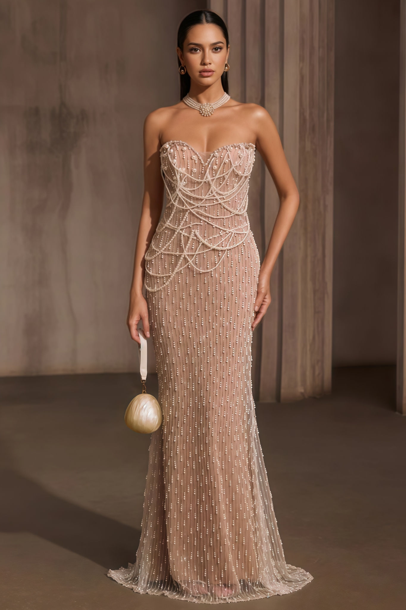 Chrstph Strapless Pearl Fringe Chain Maxi Dress