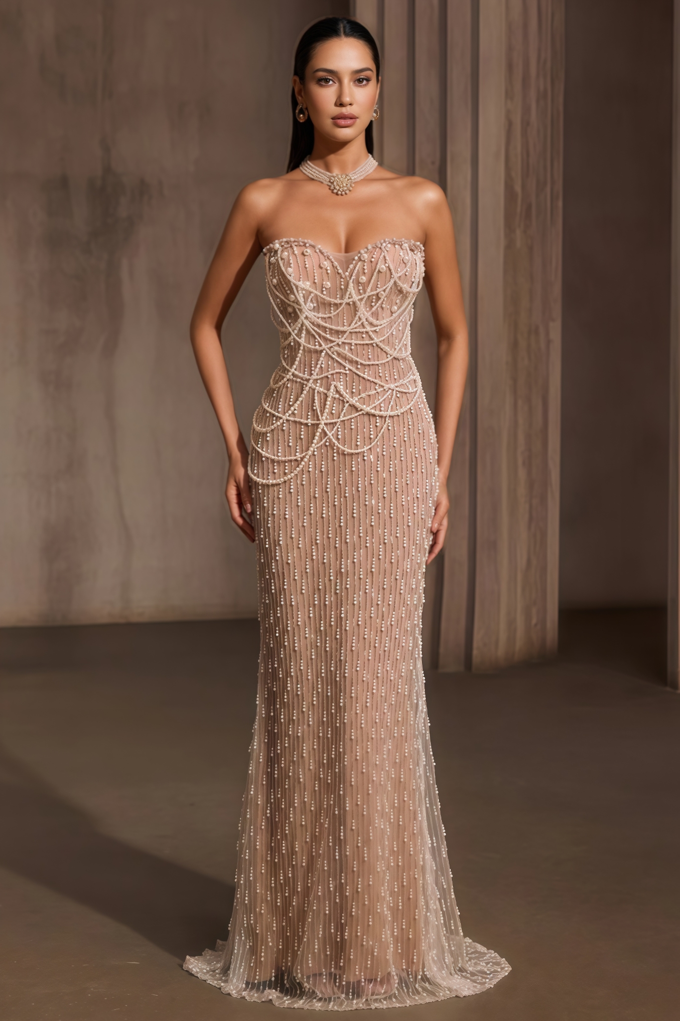 Chrstph Strapless Pearl Fringe Chain Maxi Dress