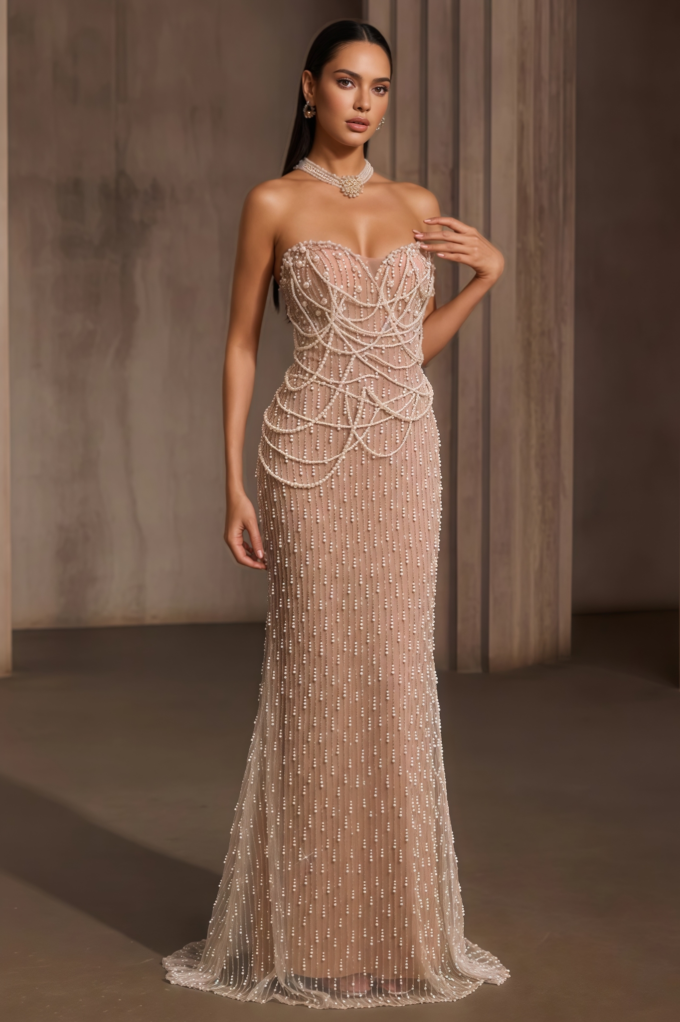 Chrstph Strapless Pearl Fringe Chain Maxi Dress