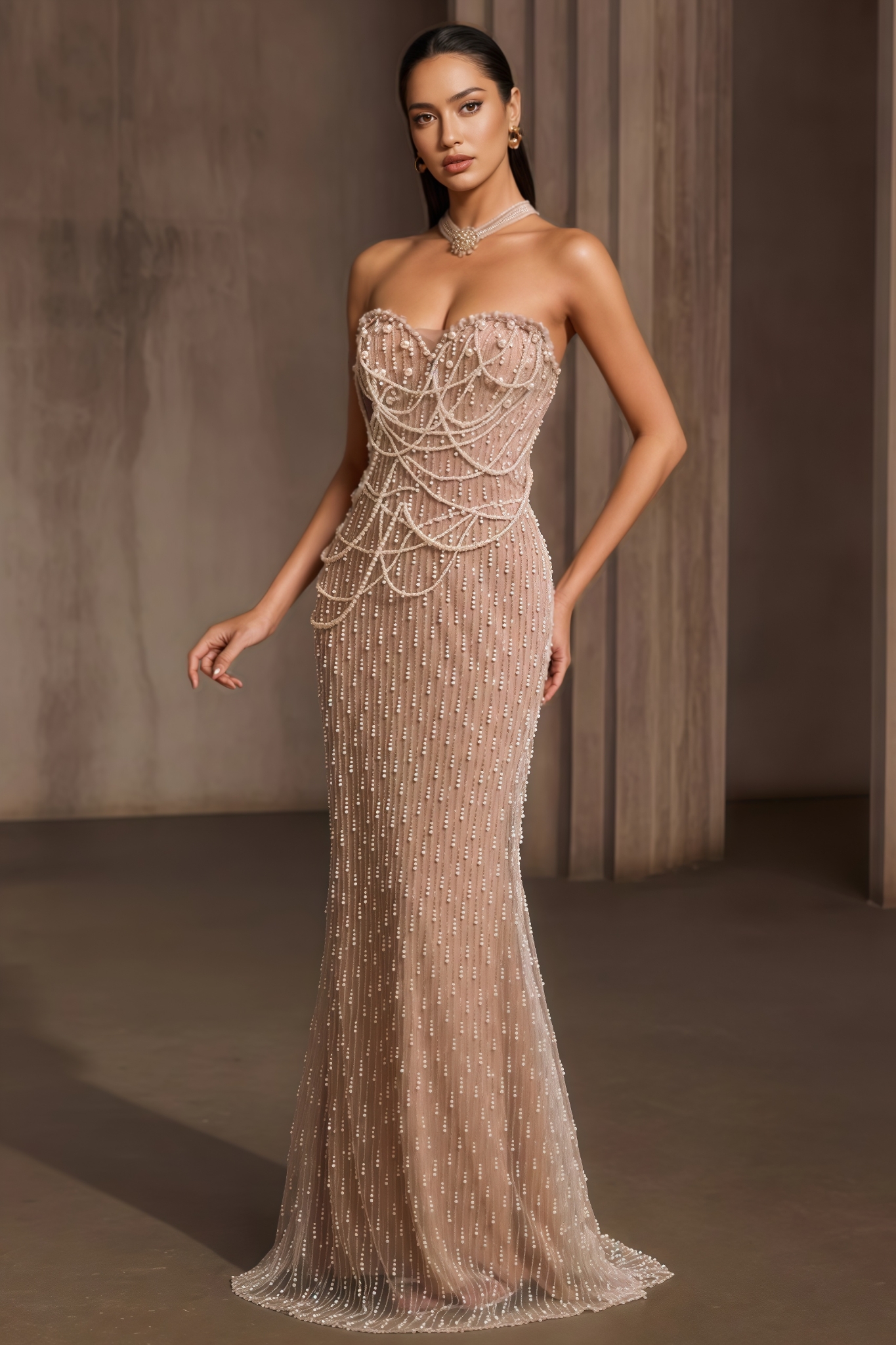 Chrstph Strapless Pearl Fringe Chain Maxi Dress