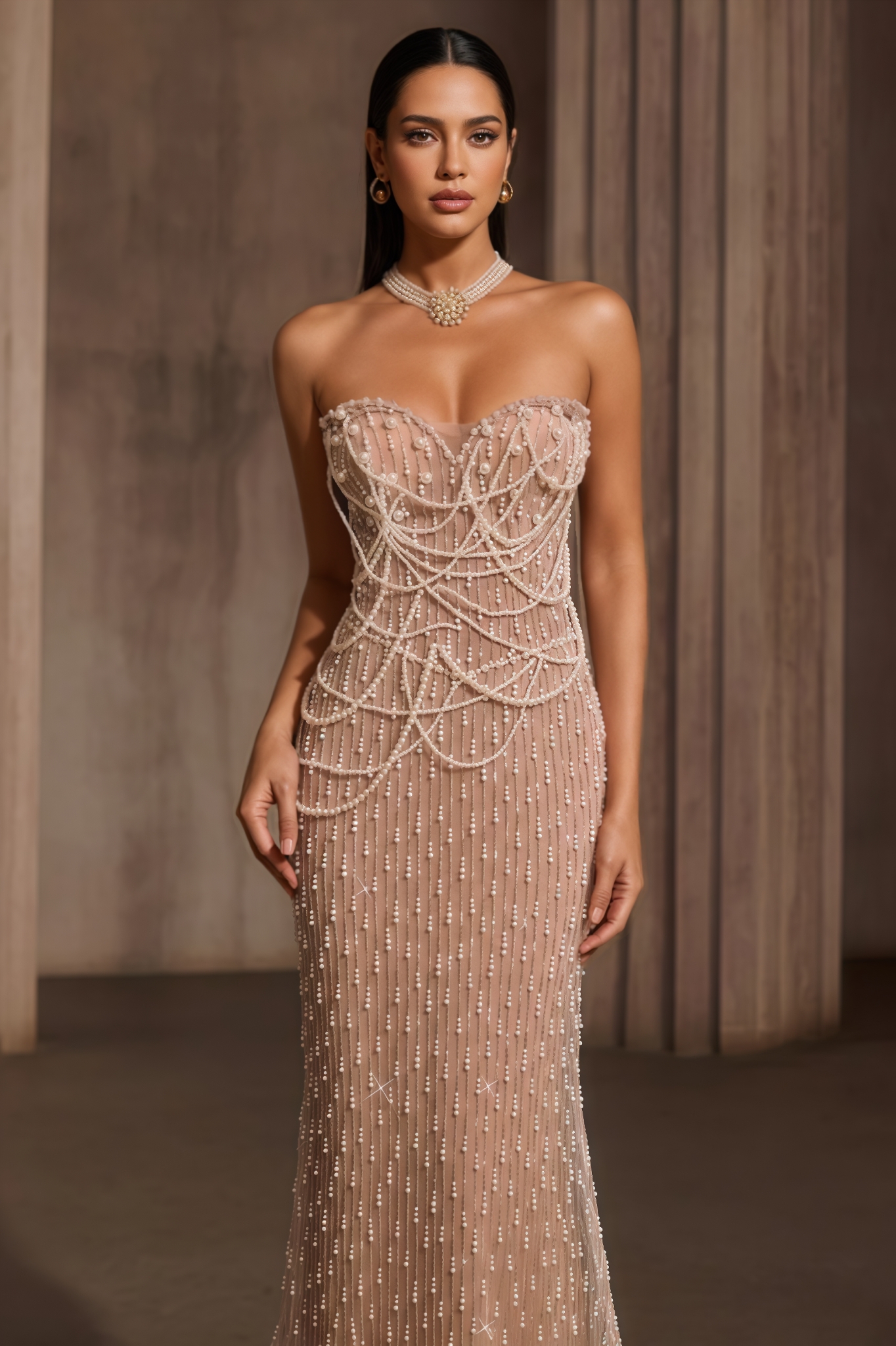 Chrstph Strapless Pearl Fringe Chain Maxi Dress