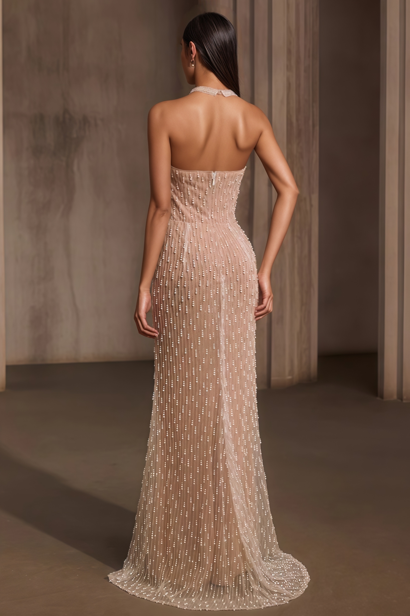 Chrstph Strapless Pearl Fringe Chain Maxi Dress