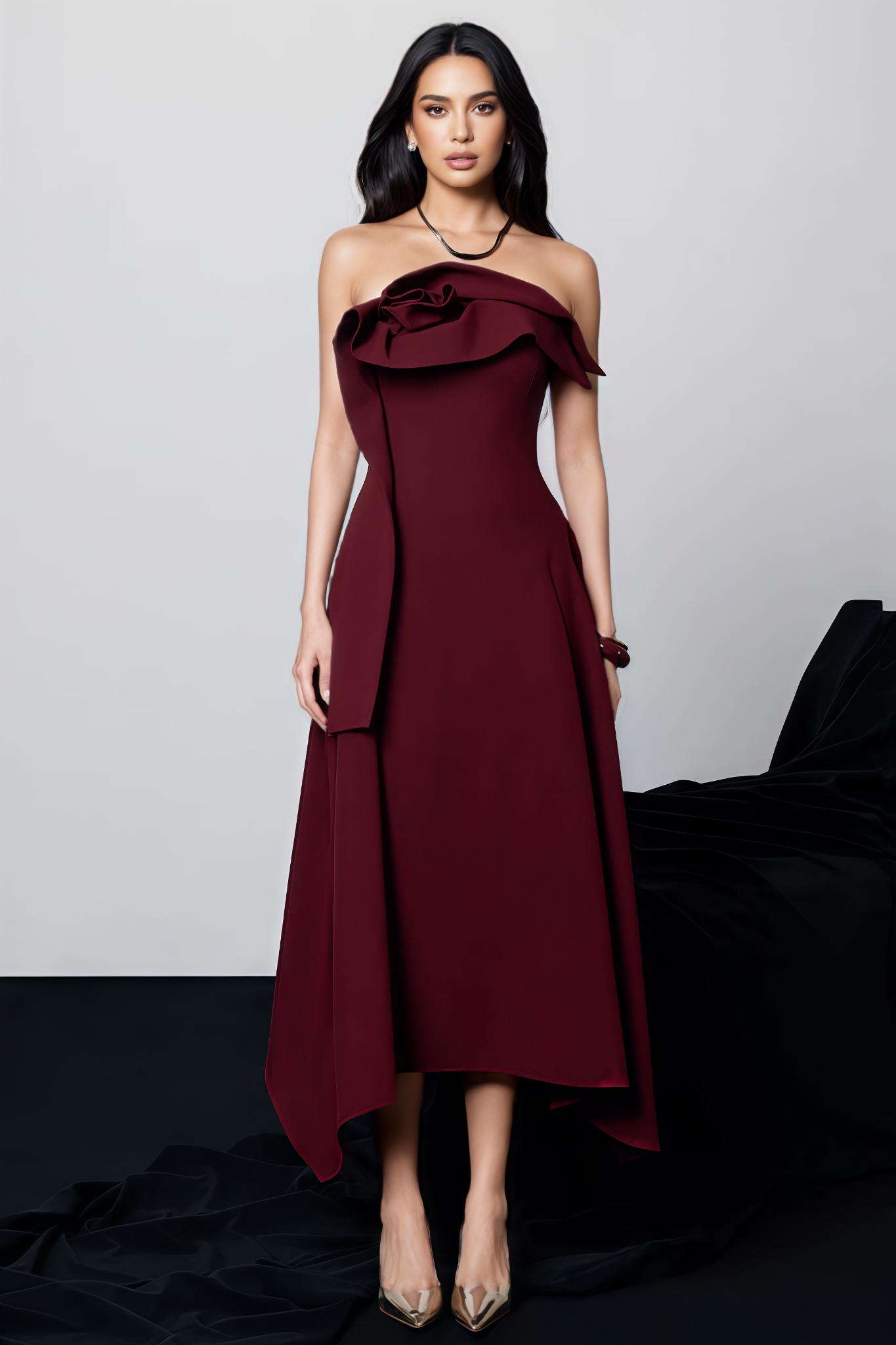 Anguel Red Ruffle Midi Dress