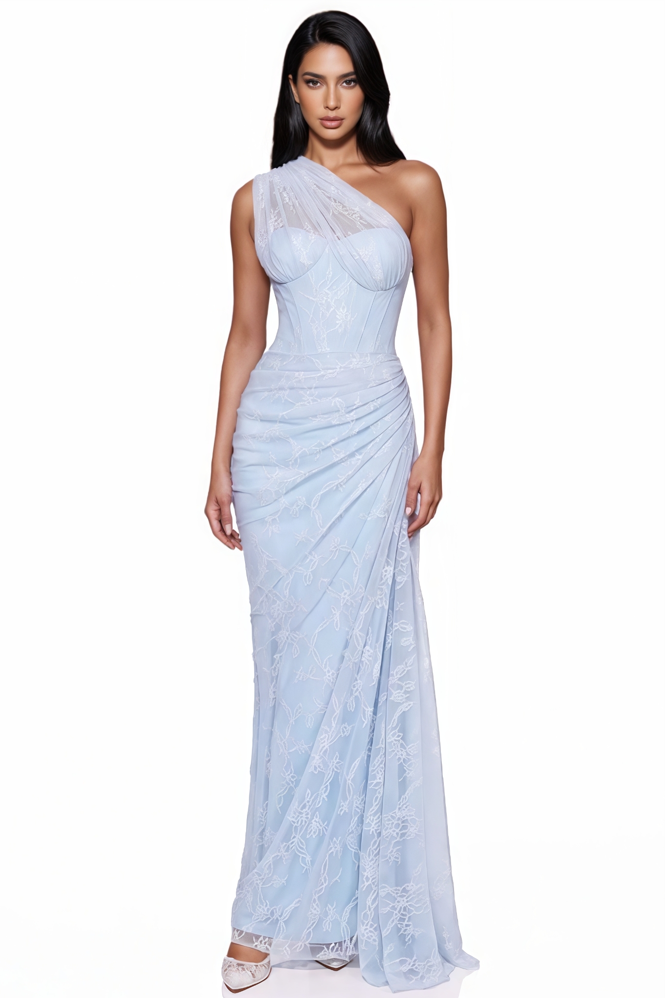 Kerald Blue One Shoulder Ruched Lace Maxi Dress