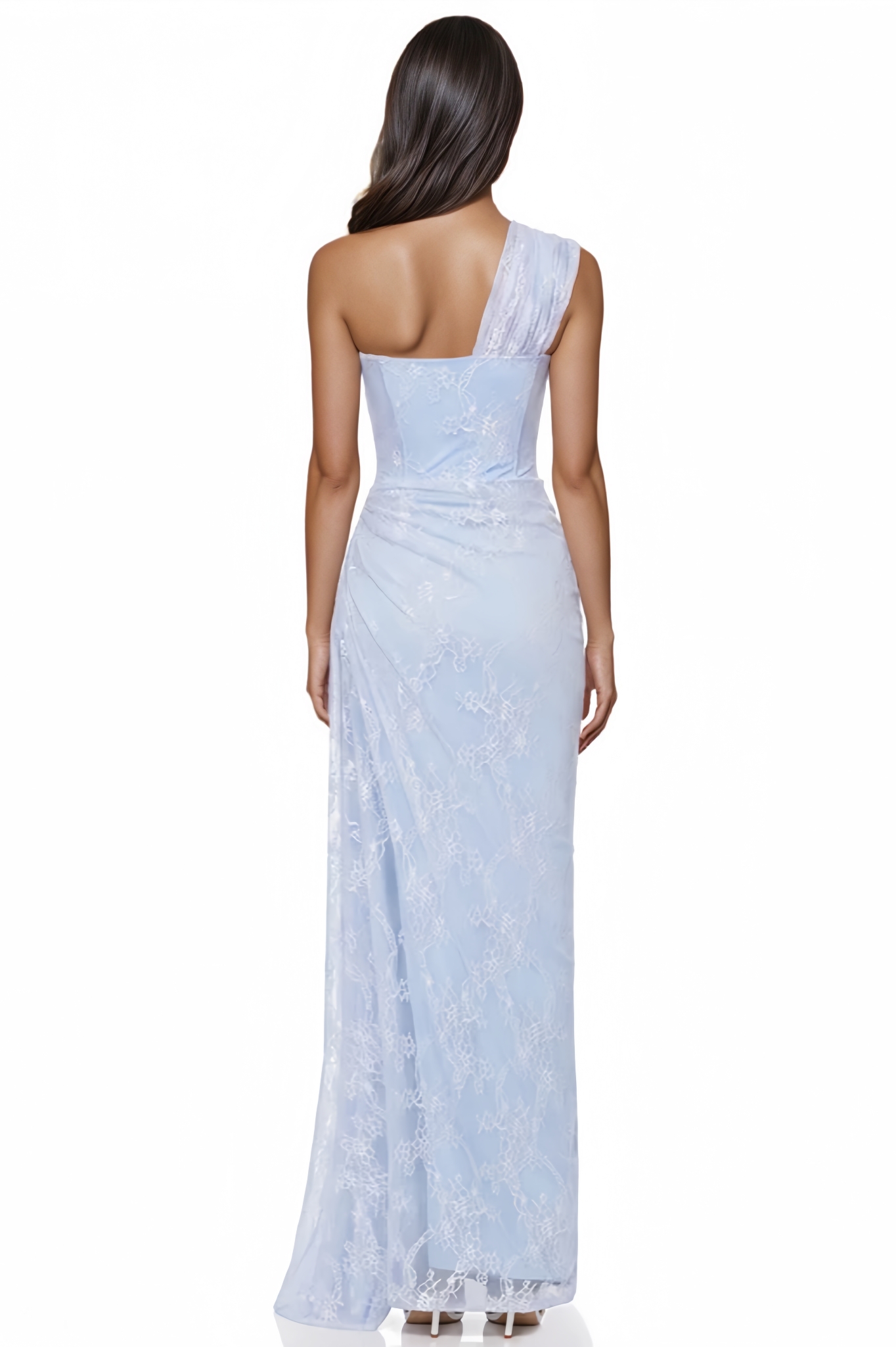 Kerald Blue One Shoulder Ruched Lace Maxi Dress