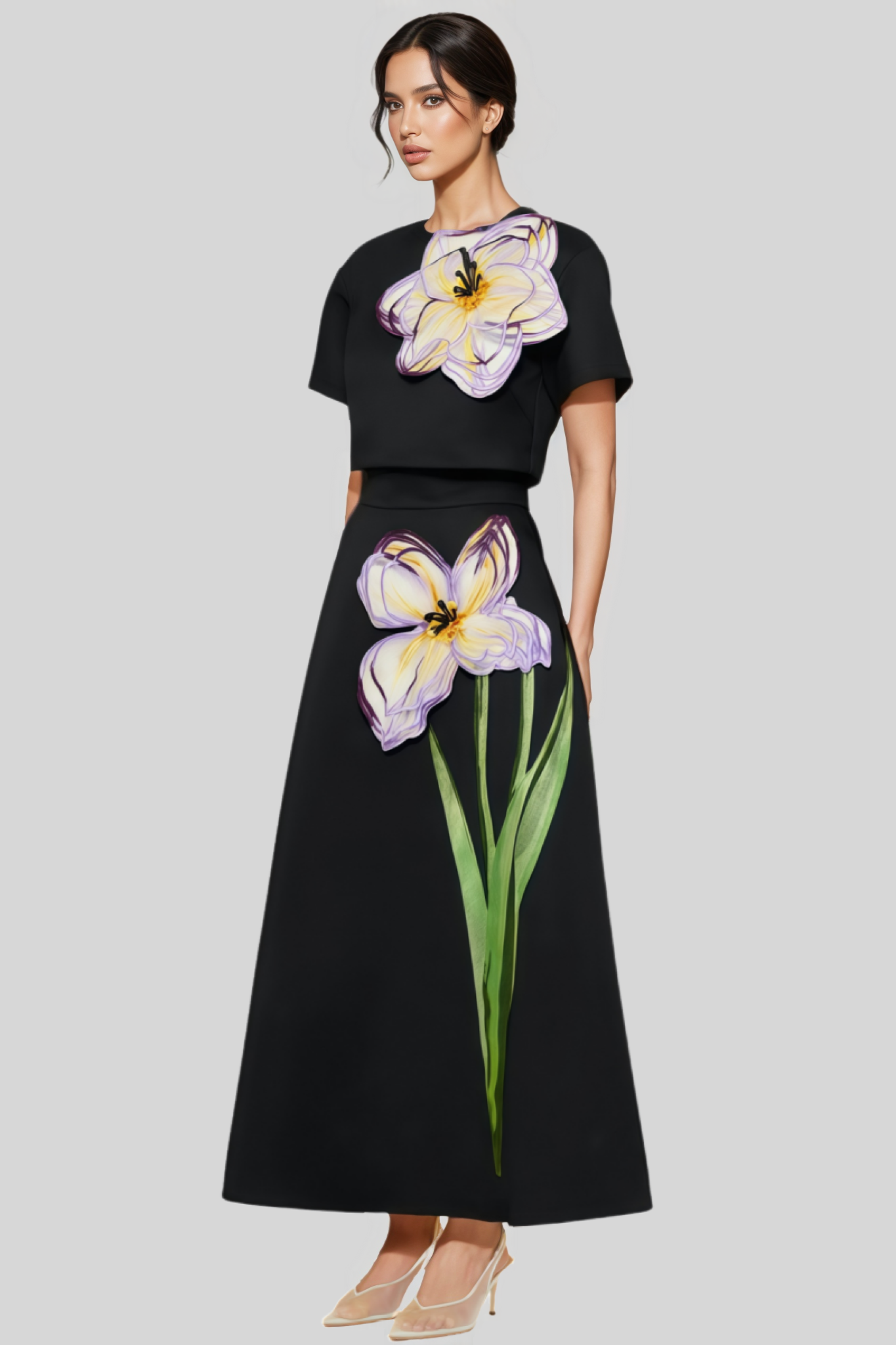 Ilany Black 3D Floral Maxi Dress Set