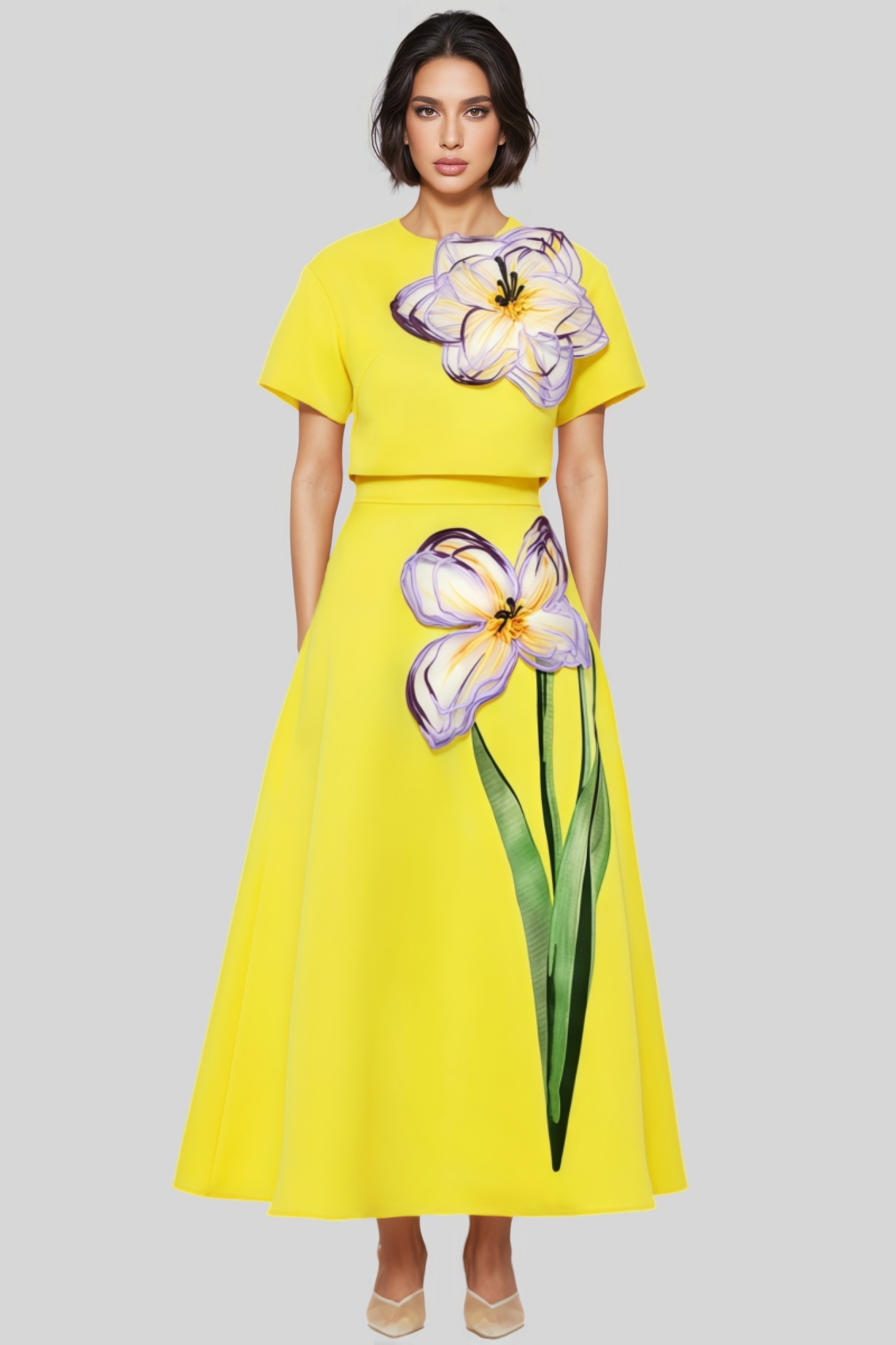Hespet Yellow 3D Floral Maxi Dress Set