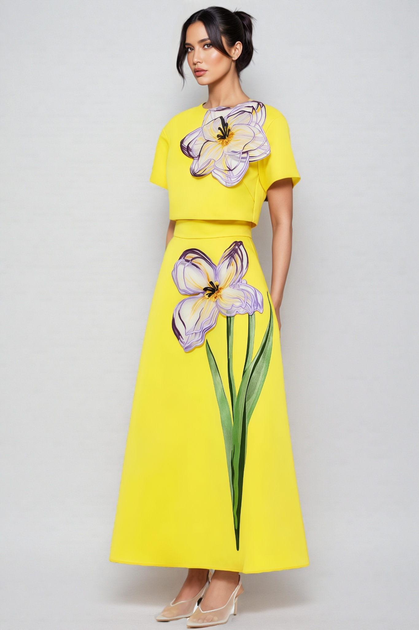 Hespet Yellow 3D Floral Maxi Dress Set