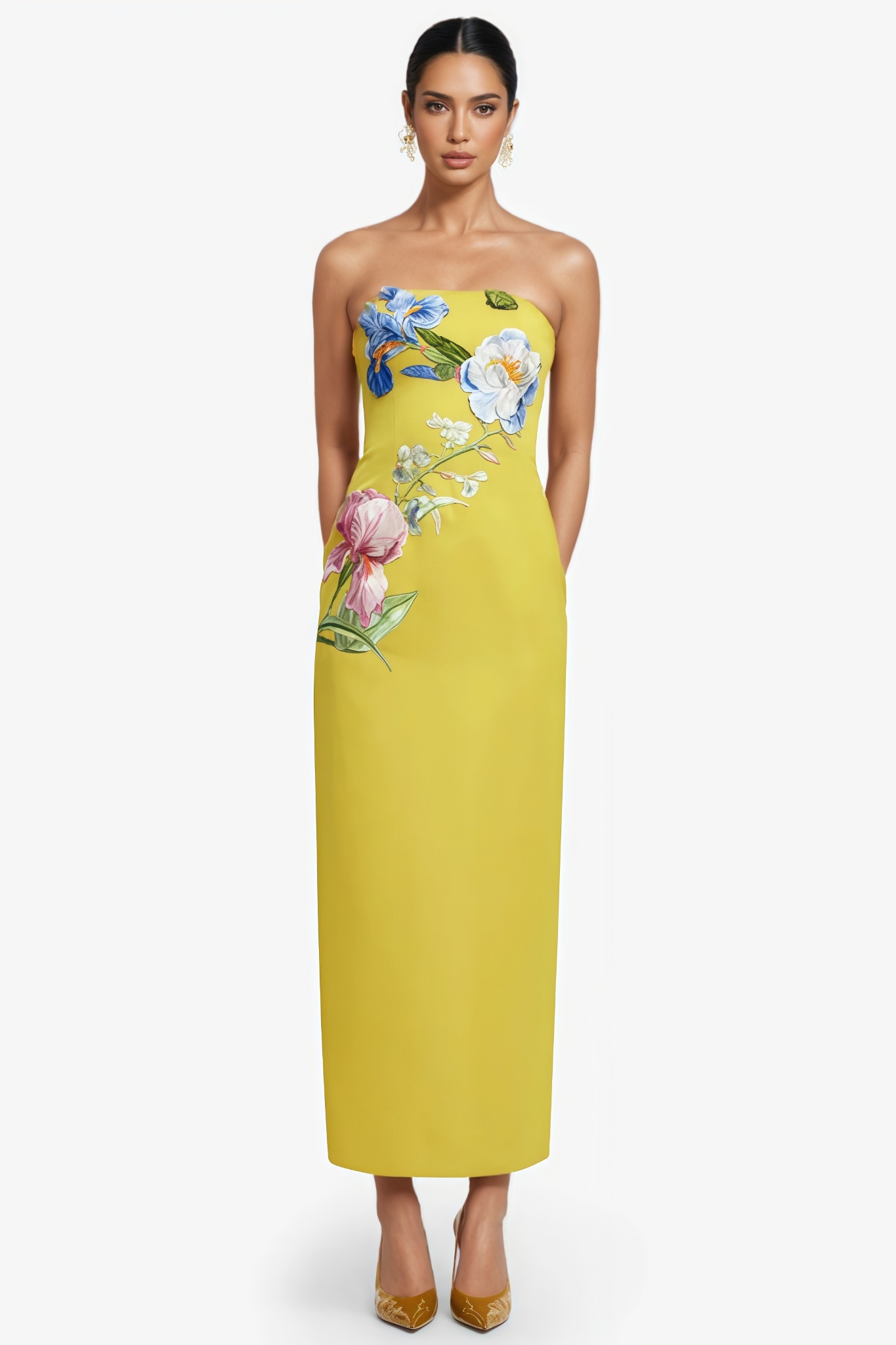 Lecay Yellow Floral Strapless Maxi Dress