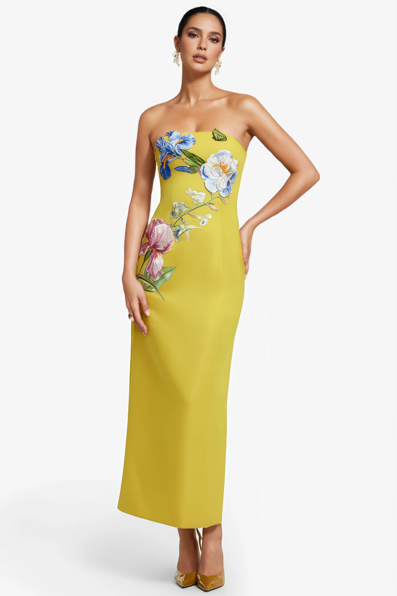 Lecay Yellow Floral Strapless Maxi Dress