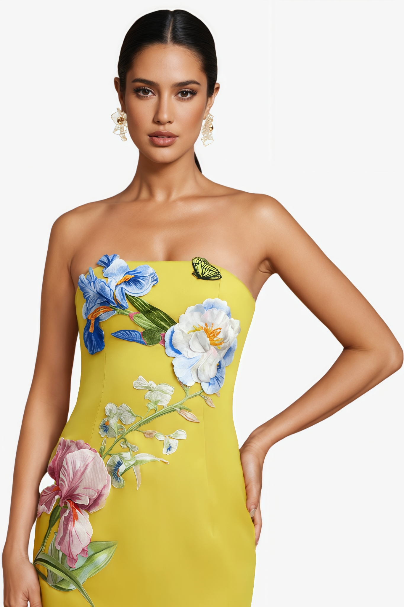 Lecay Yellow Floral Strapless Maxi Dress