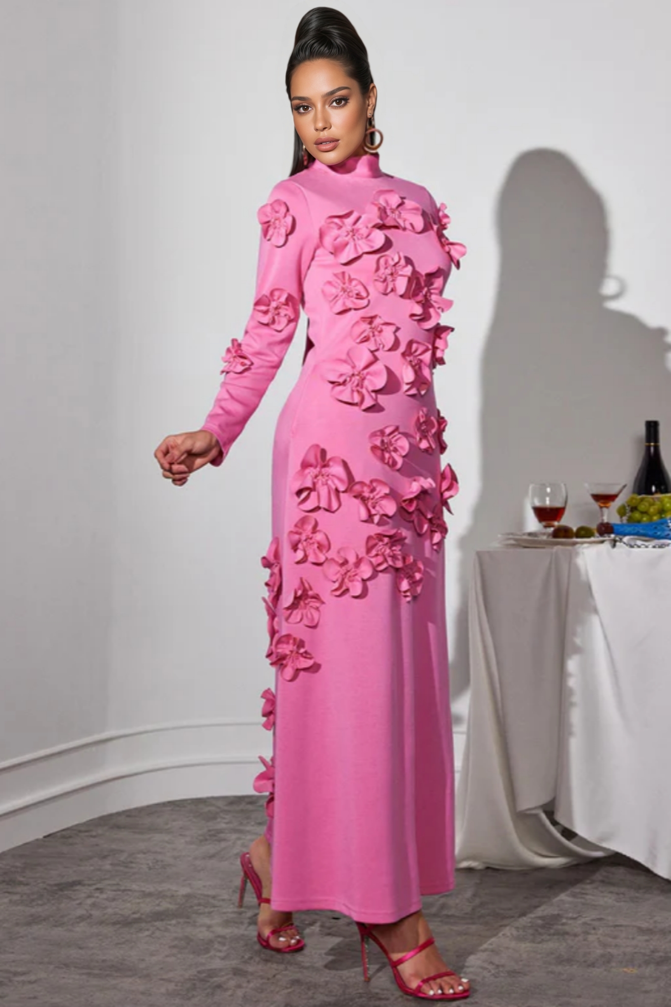 Halcyon Pink Flower Embellished Long Sleeves Maxi Dress