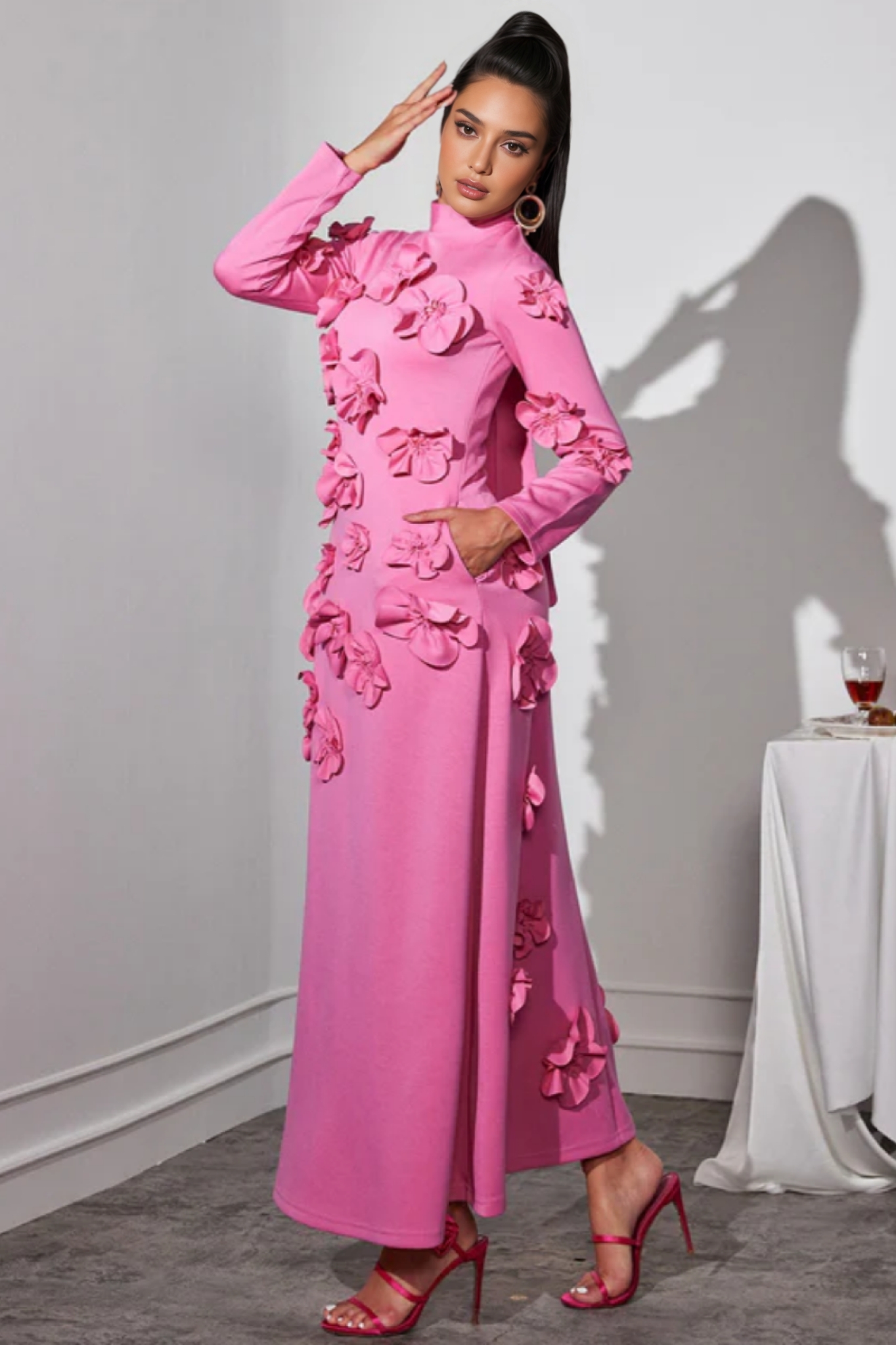 Halcyon Pink Flower Embellished Long Sleeves Maxi Dress