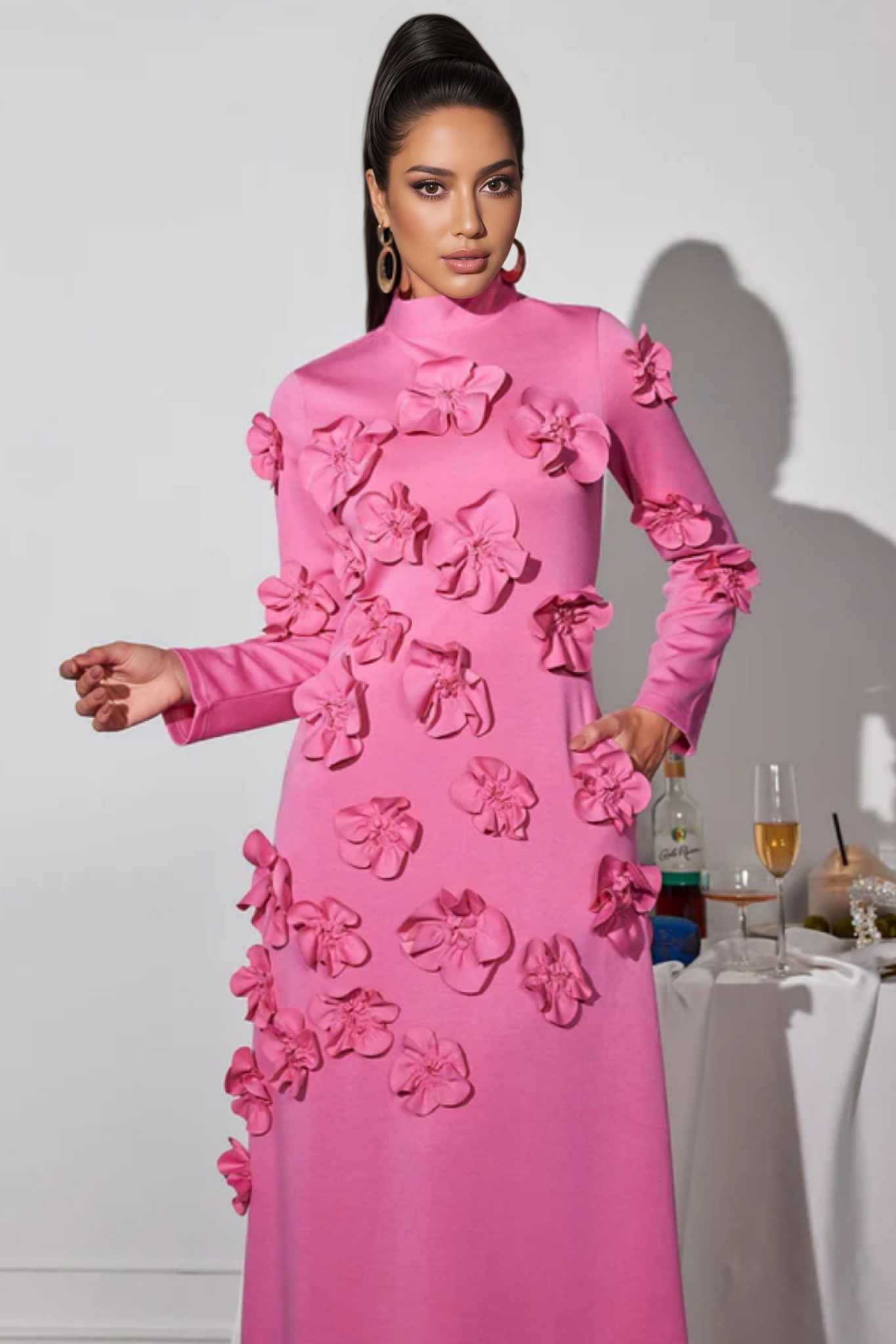 Halcyon Pink Flower Embellished Long Sleeves Maxi Dress