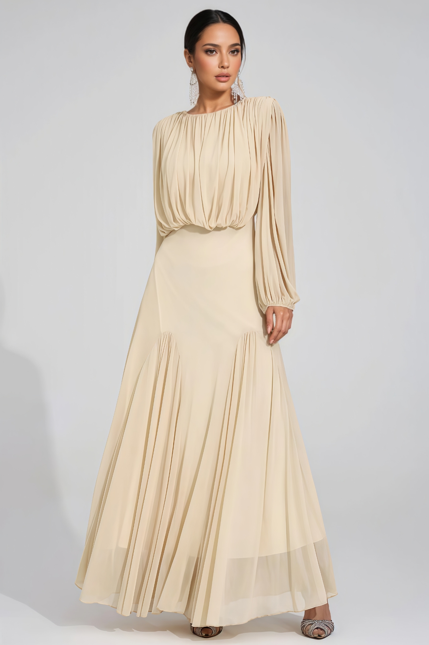 Hiron Yellow Round Neck Pleated Maxi Dress