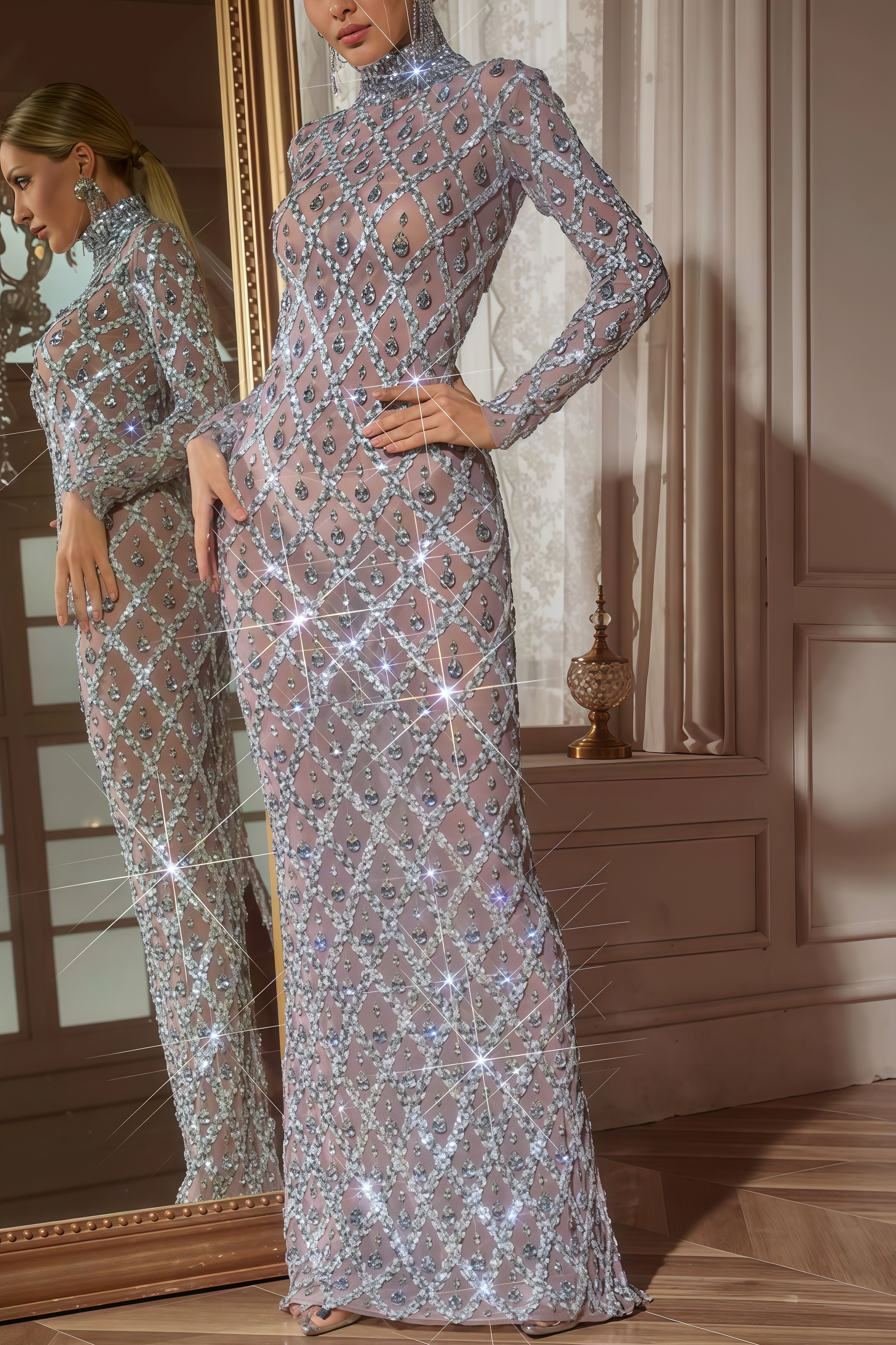 Flynn Long Sleeve Sequin Crystal Maxi Dress 