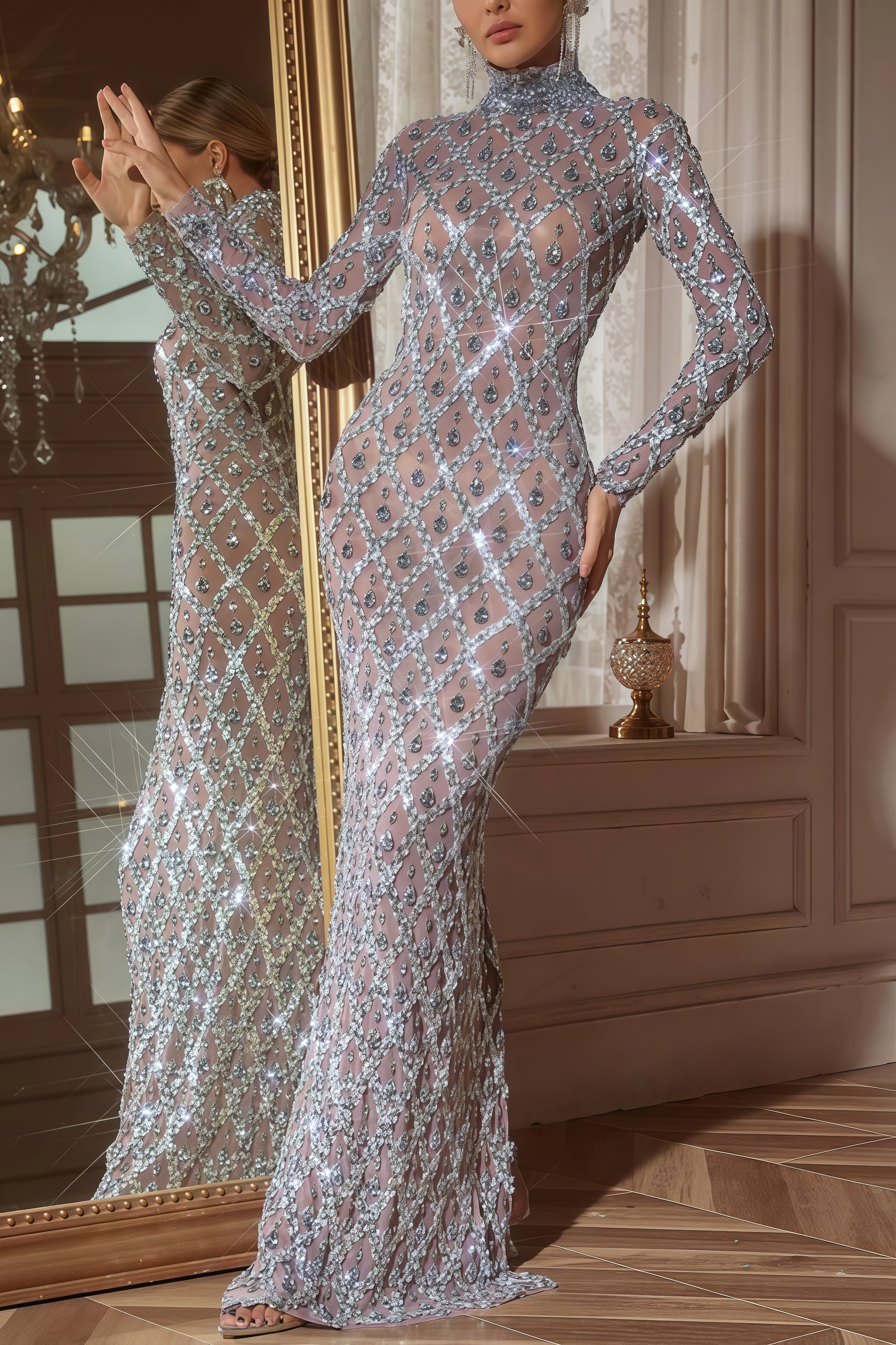 Flynn Long Sleeve Sequin Crystal Maxi Dress 