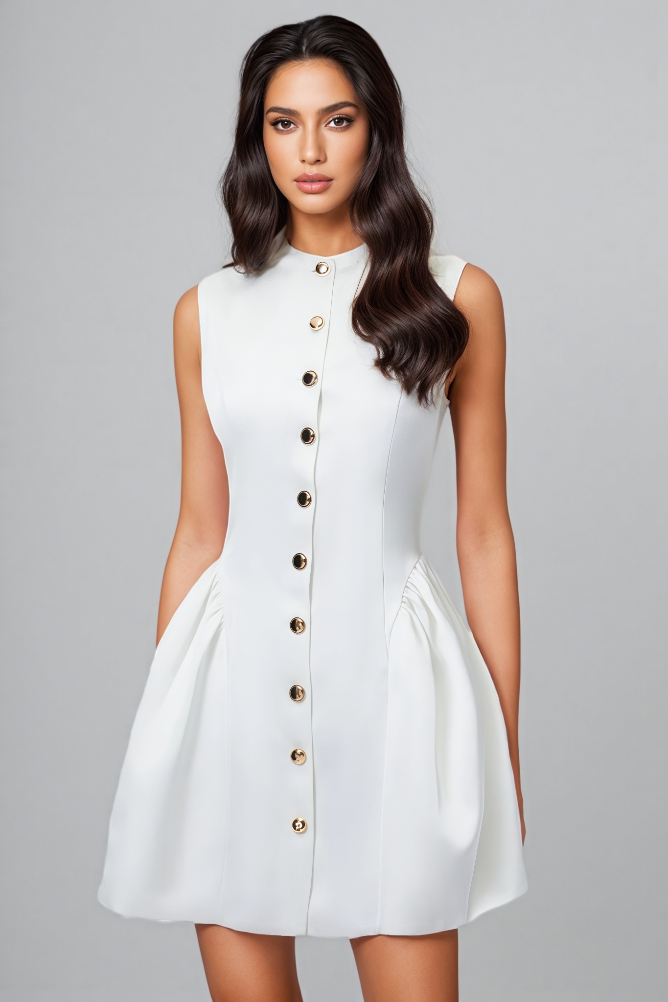 Febian White Sleeveless Ruched Mini Dress 