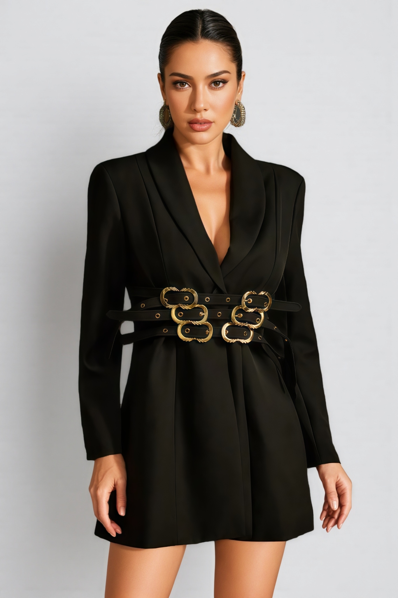 Vales Black Long Sleeve Belted Blazer
