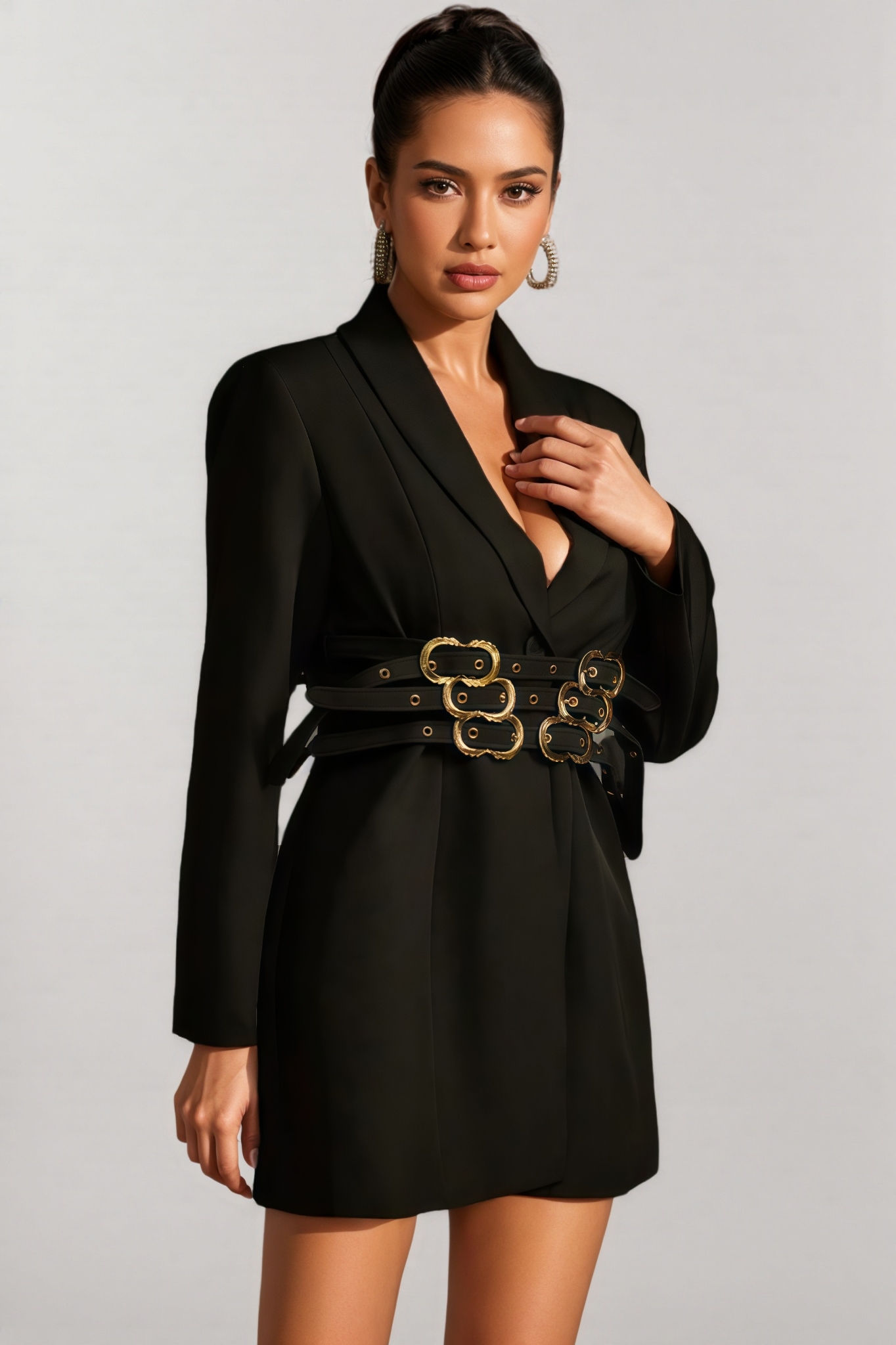 Vales Black Long Sleeve Belted Blazer