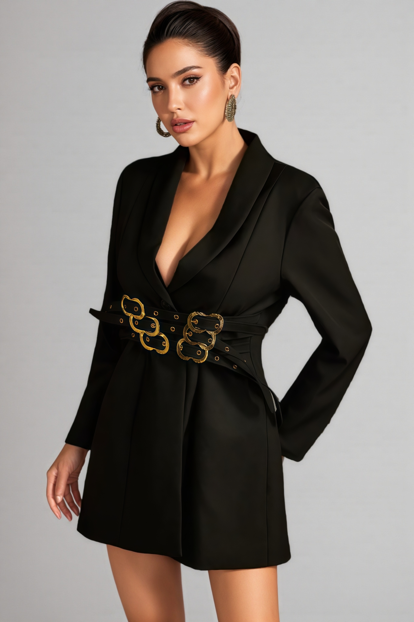 Vales Black Long Sleeve Belted Blazer
