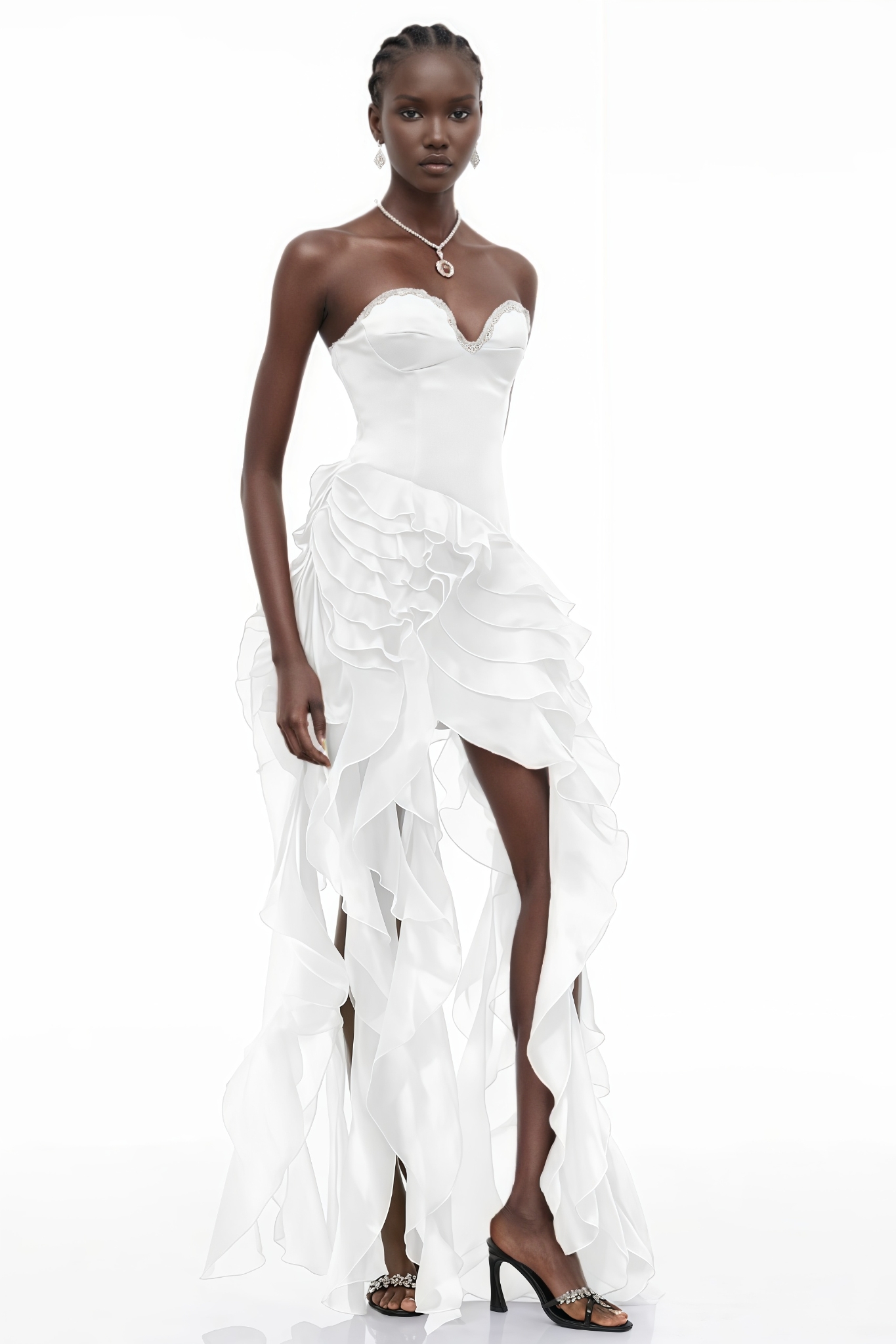 Syrenk White Strapless Ruffled Maxi Dress