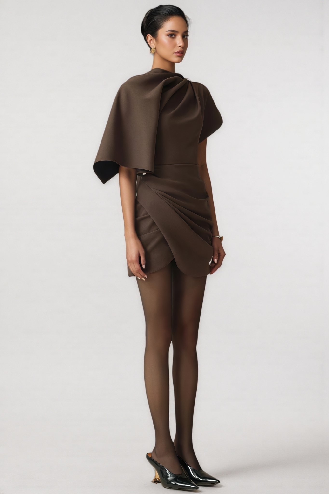 Milaolp Asymmetric Sleeve Draped Mini Dress
