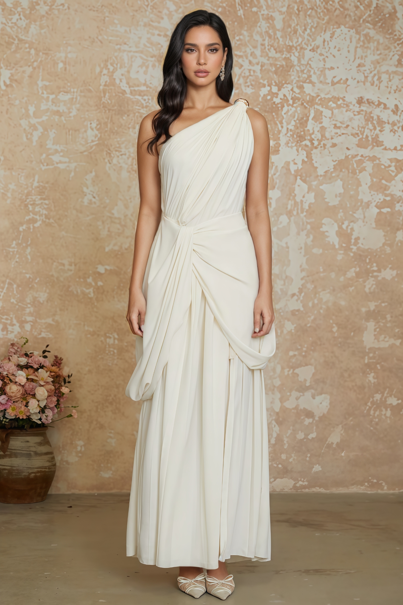 Rdarx White Twist High Slit Ruched Maxi Dress