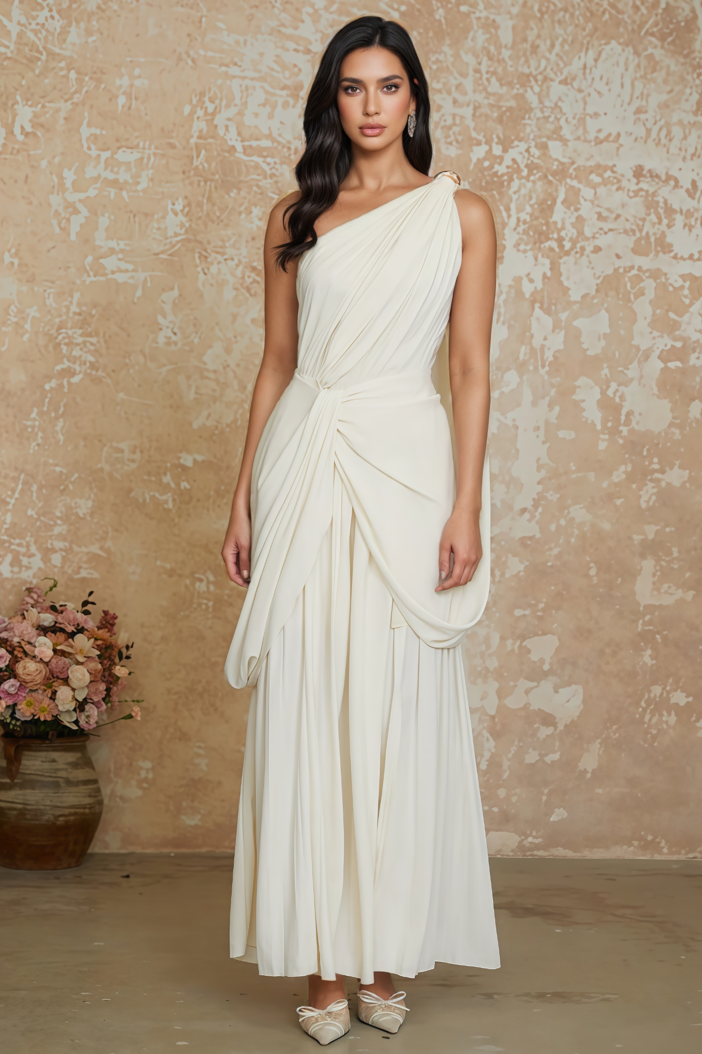 Rdarx White Twist High Slit Ruched Maxi Dress