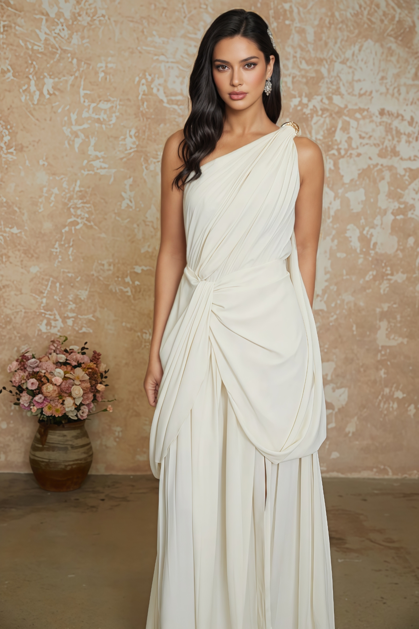 Rdarx White Twist High Slit Ruched Maxi Dress
