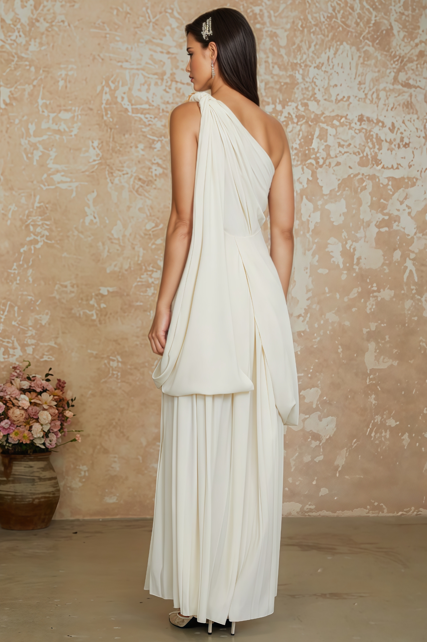 Rdarx White Twist High Slit Ruched Maxi Dress