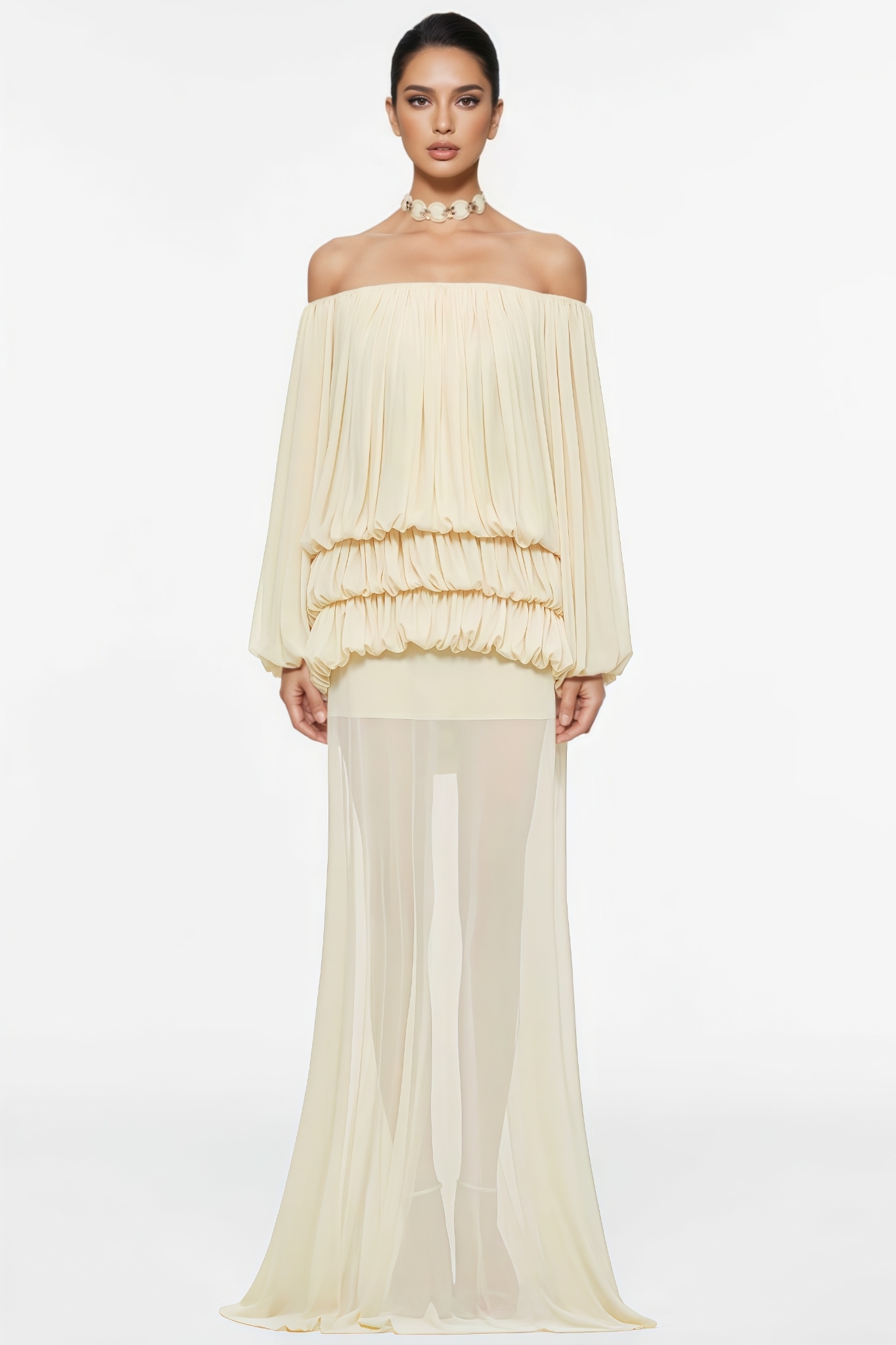 Paleb Yellow Off The Shoulder Mesh Maxi Dress Set