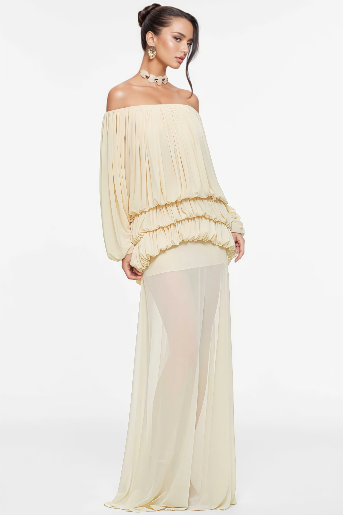 Paleb Yellow Off The Shoulder Mesh Maxi Dress Set