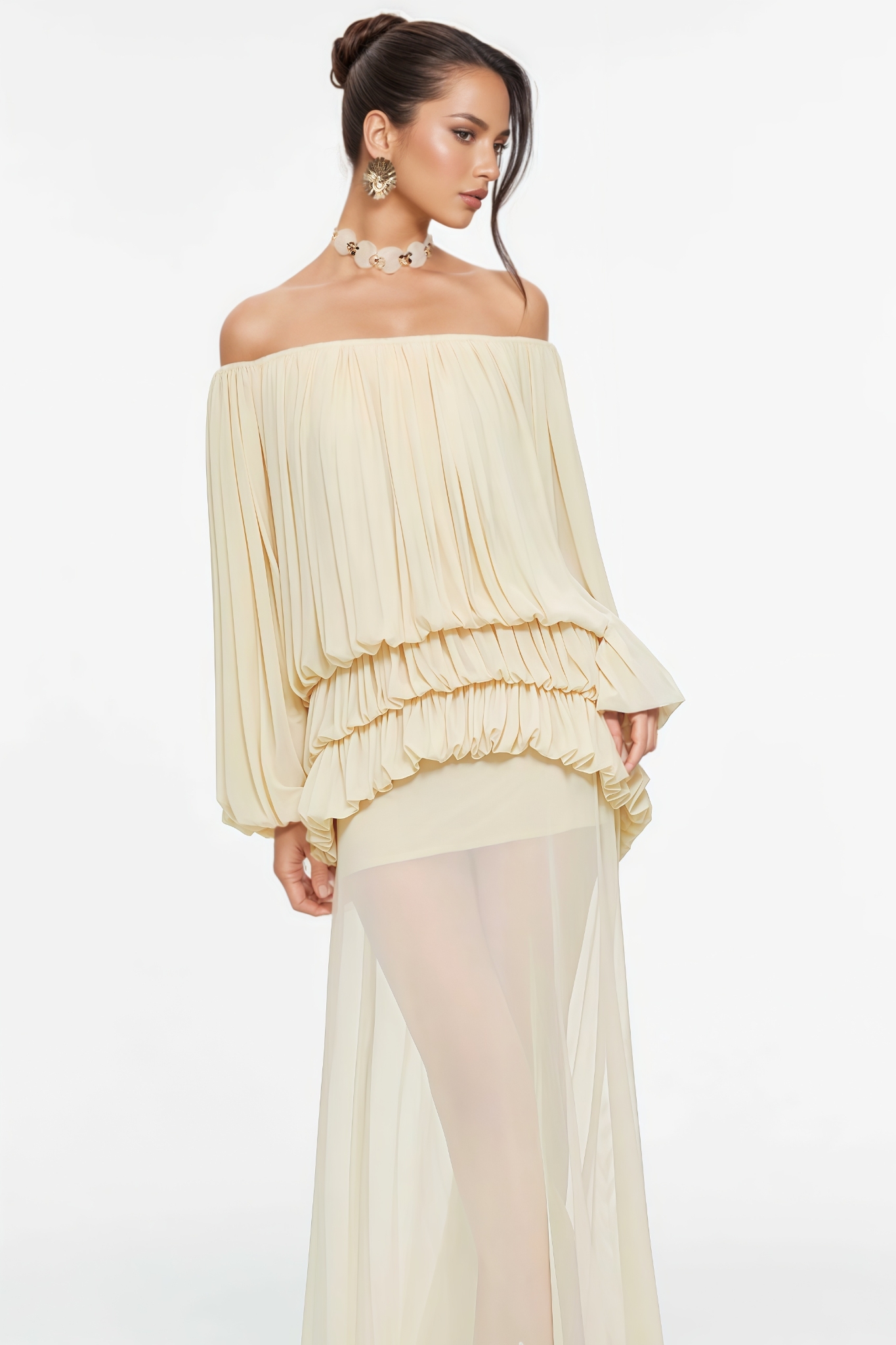 Paleb Yellow Off The Shoulder Mesh Maxi Dress Set