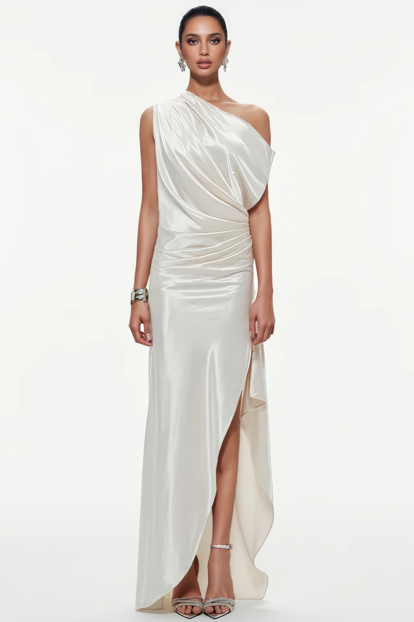 Kyan White One Shoulder Satin Maxi Dress