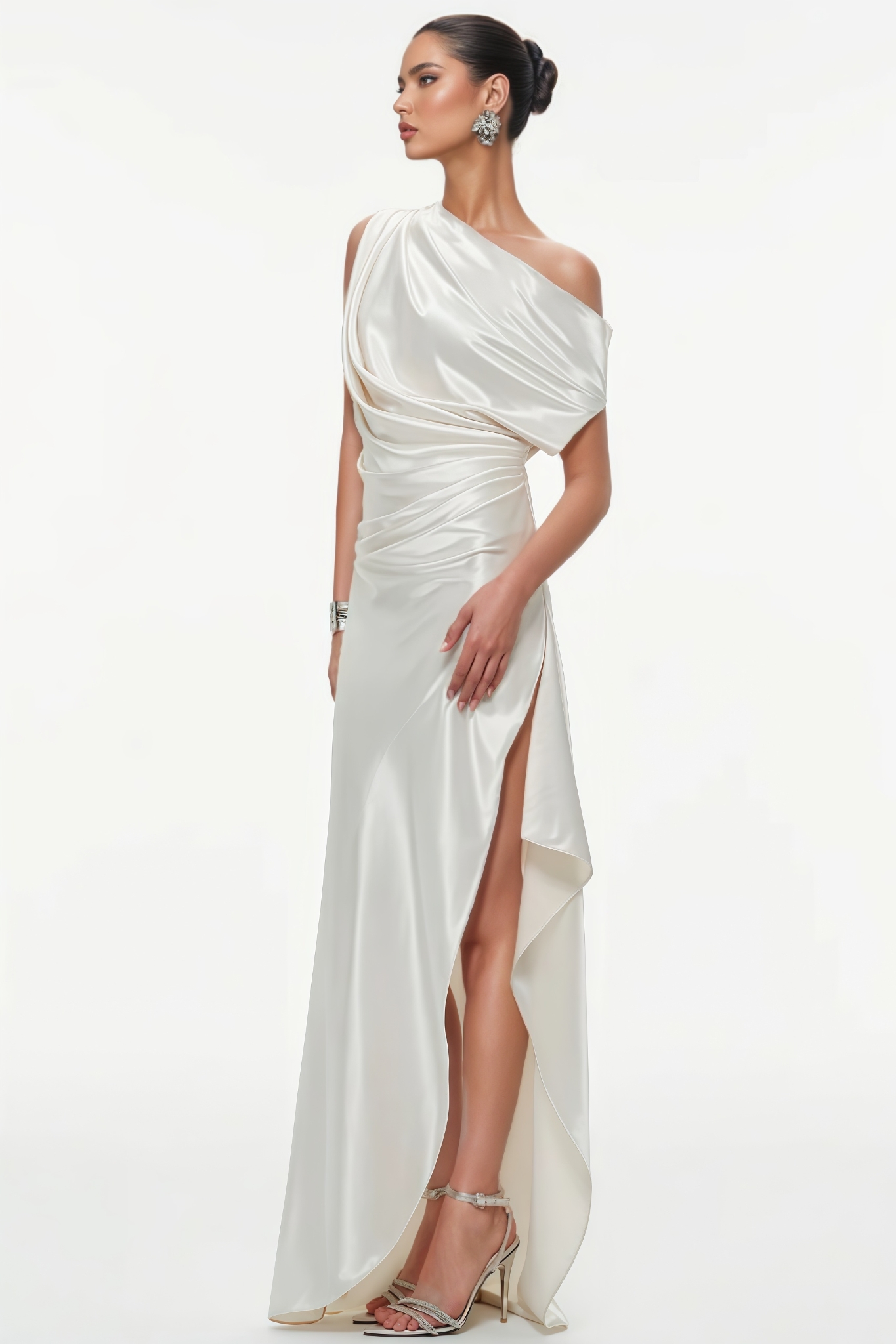 Kyan White One Shoulder Satin Maxi Dress