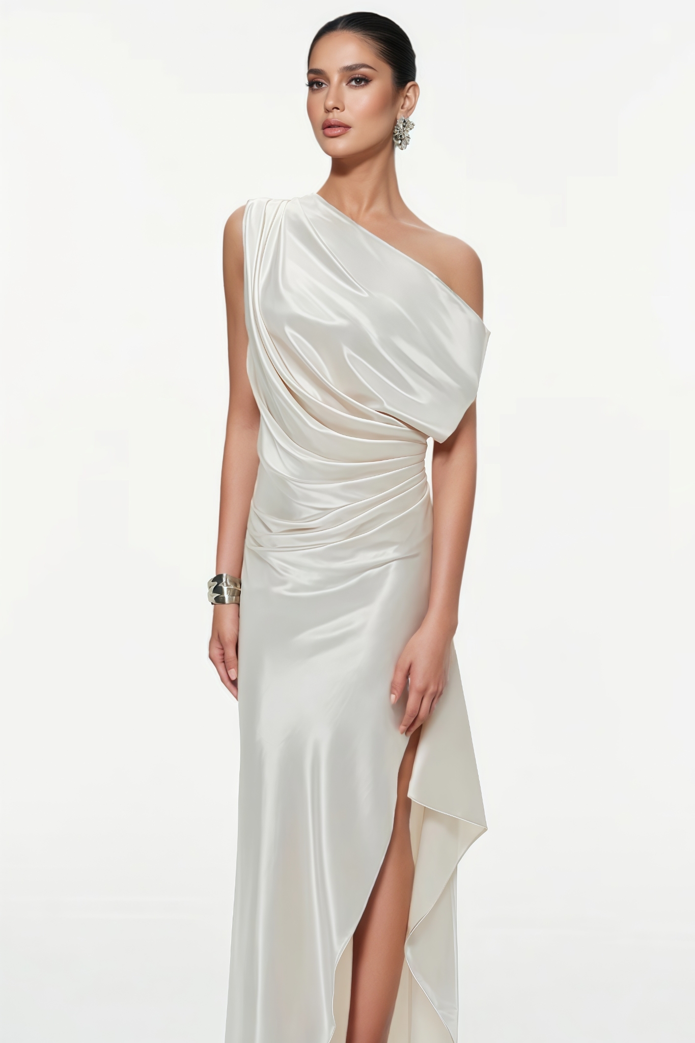 Kyan White One Shoulder Satin Maxi Dress